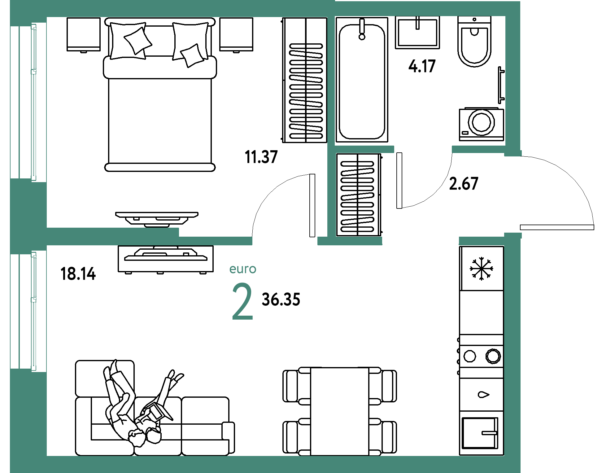 ЖК "Европейский берег 2.0"-2-комнатная 36.35 м²