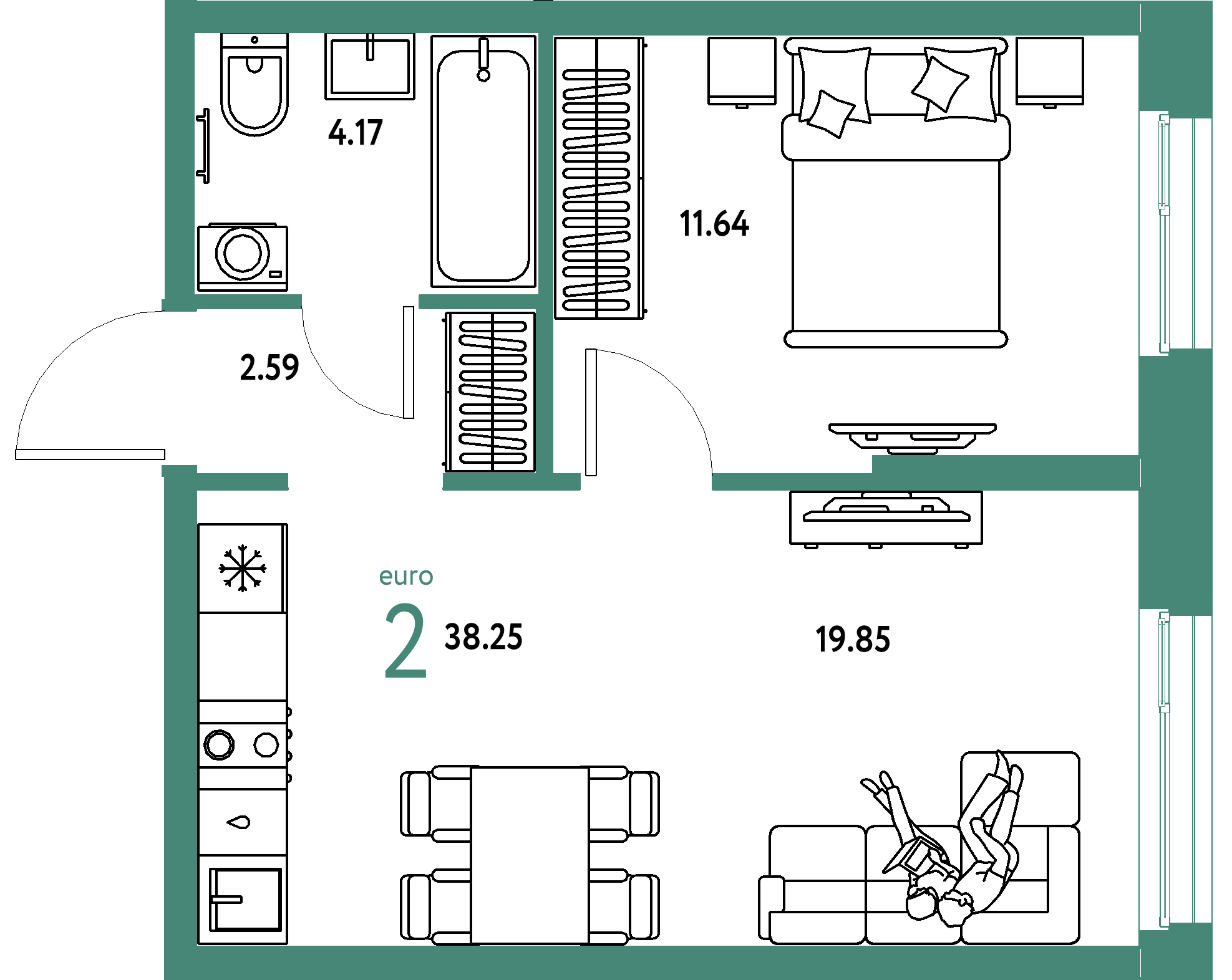 ЖК "Европейский берег 2.0"-2-комнатная 38.25 м²