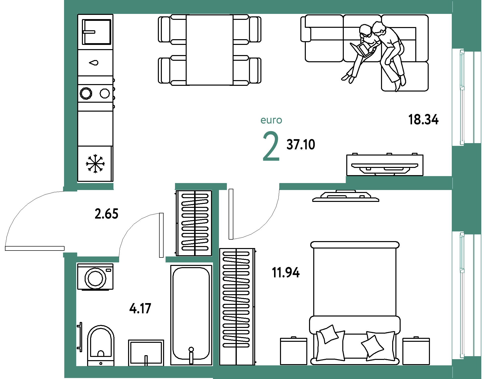 ЖК "Европейский берег 2.0"-2-комнатная 37.1 м²