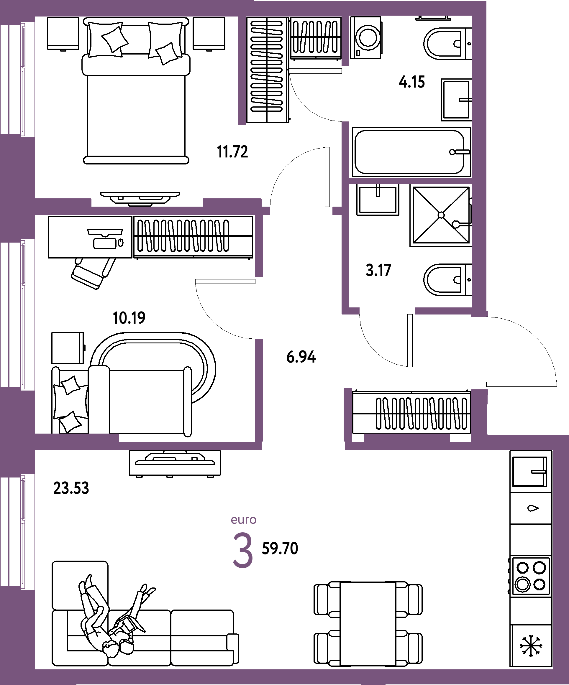 ЖК "Европейский берег 2.0"-3-комнатная 59.7 м²