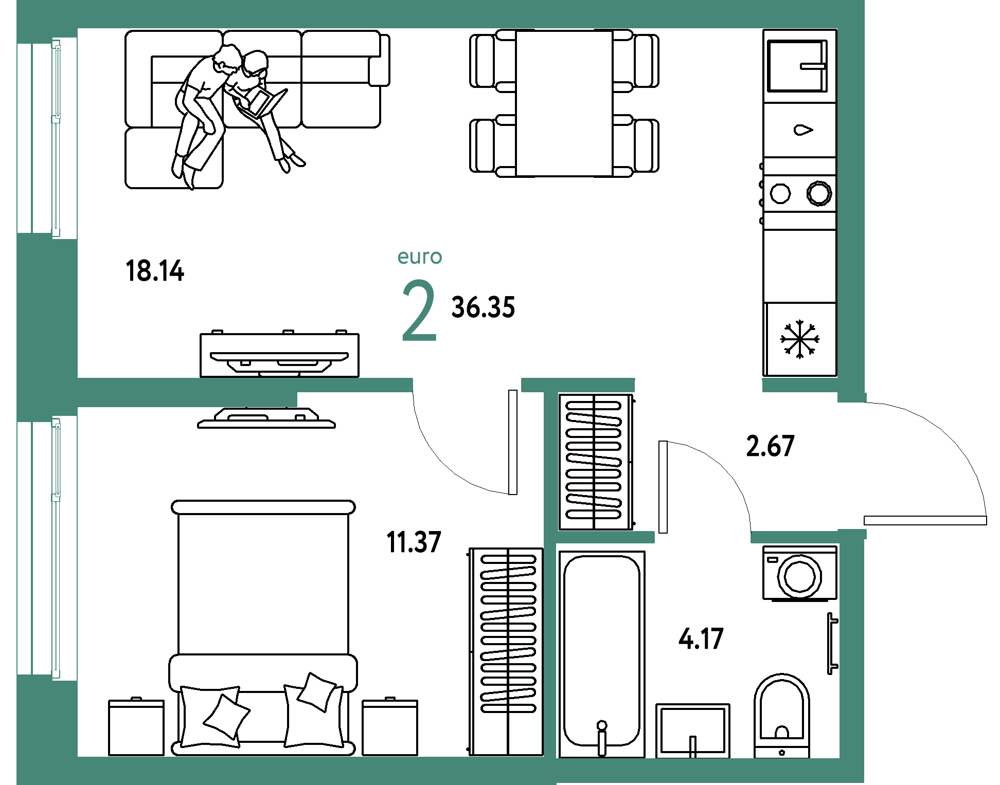 ЖК "Европейский берег 2.0"-2-комнатная 36.35 м²