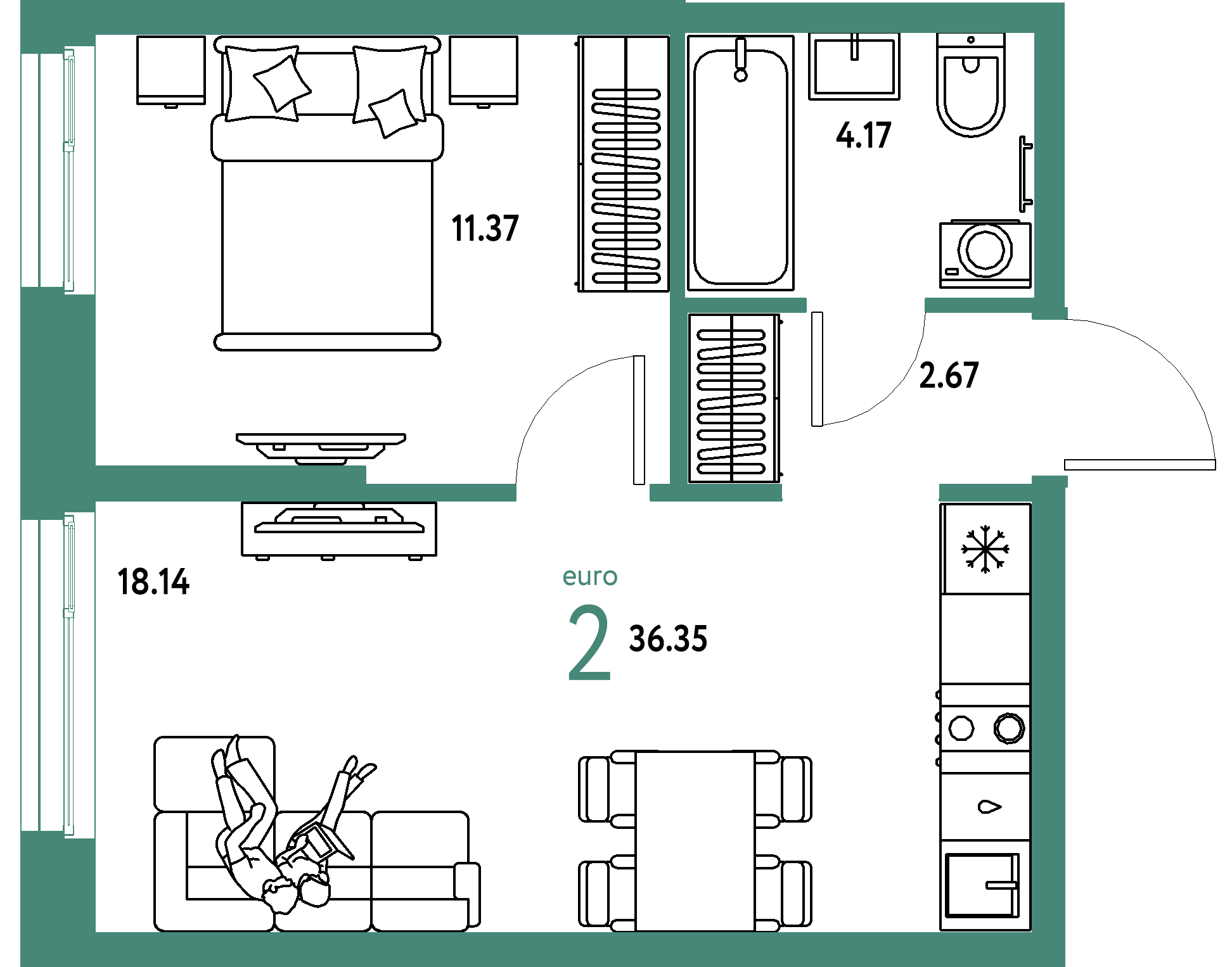ЖК "Европейский берег 2.0"-2-комнатная 36.35 м²