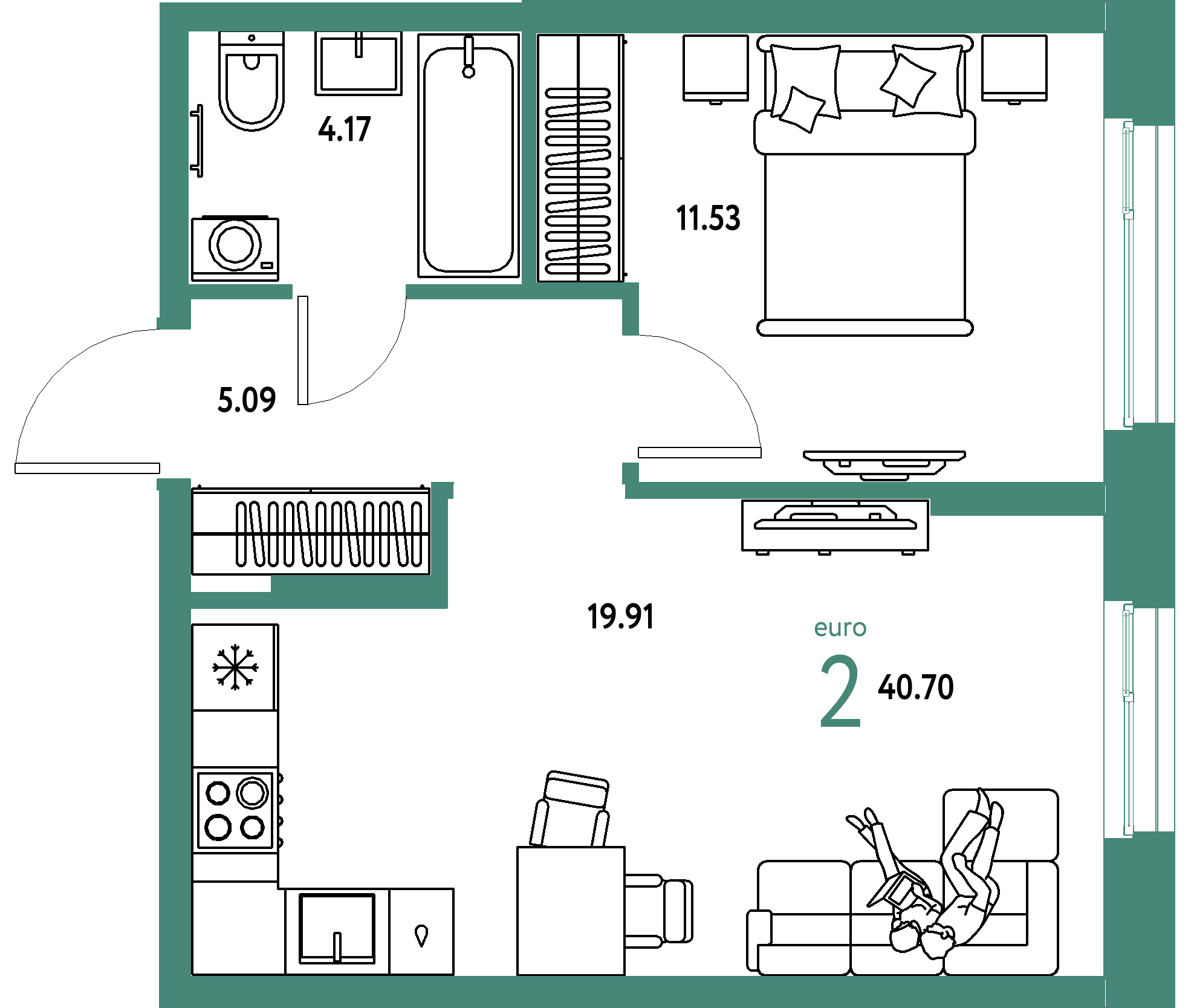 ЖК "Европейский берег 2.0"-2-комнатная 40.7 м²
