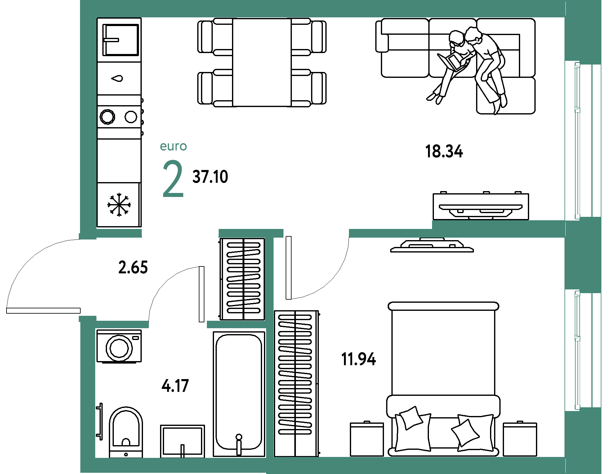 ЖК "Европейский берег 2.0"-2-комнатная 37.1 м²