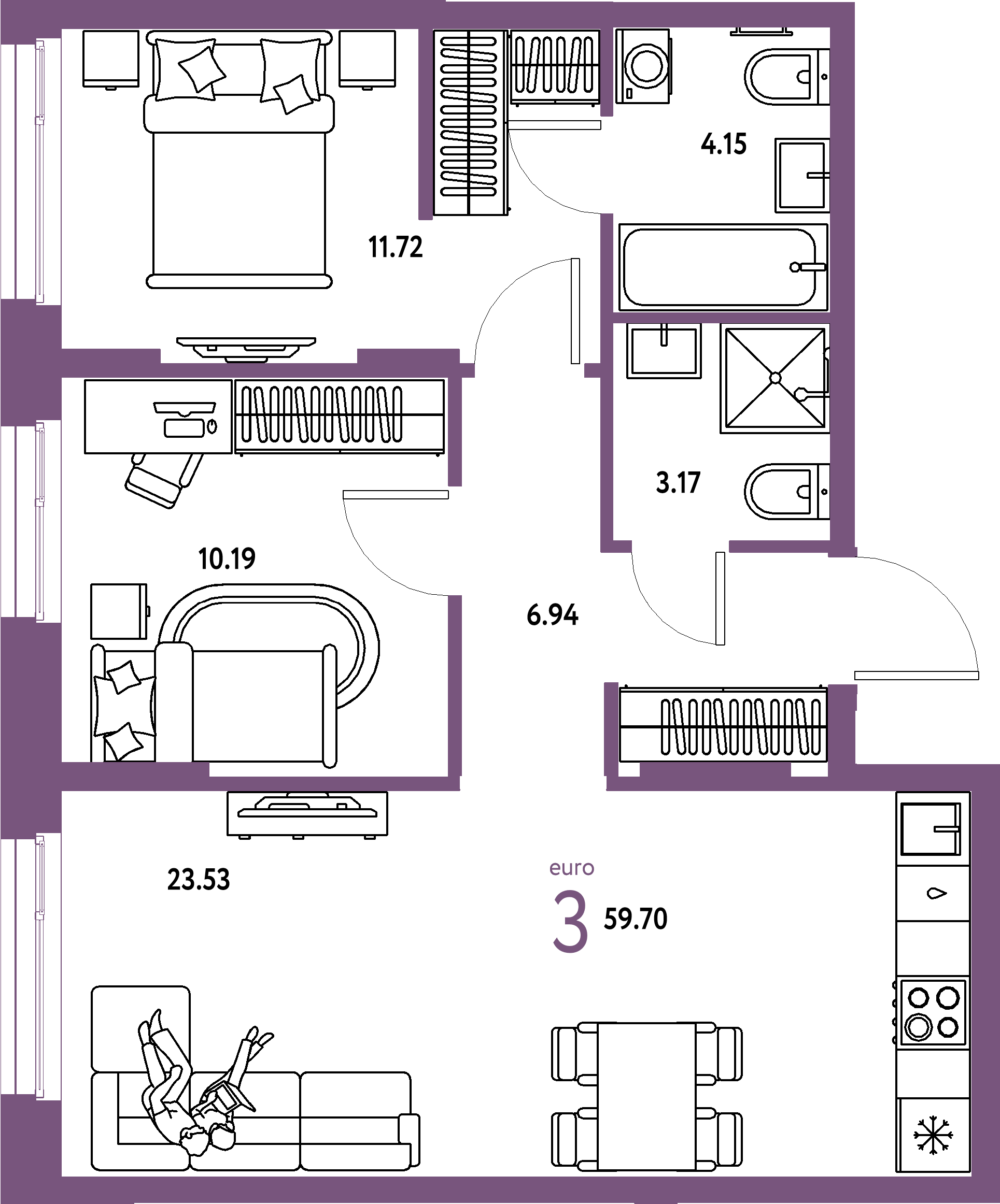 ЖК "Европейский берег 2.0"-3-комнатная 59.7 м²