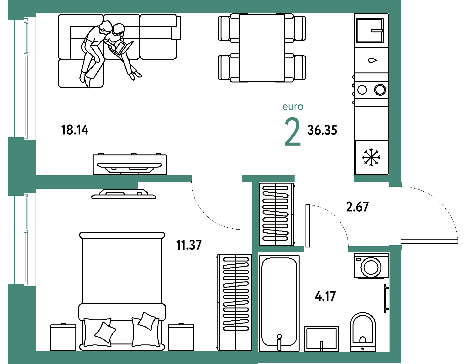 ЖК "Европейский берег 2.0"-2-комнатная 36.35 м²