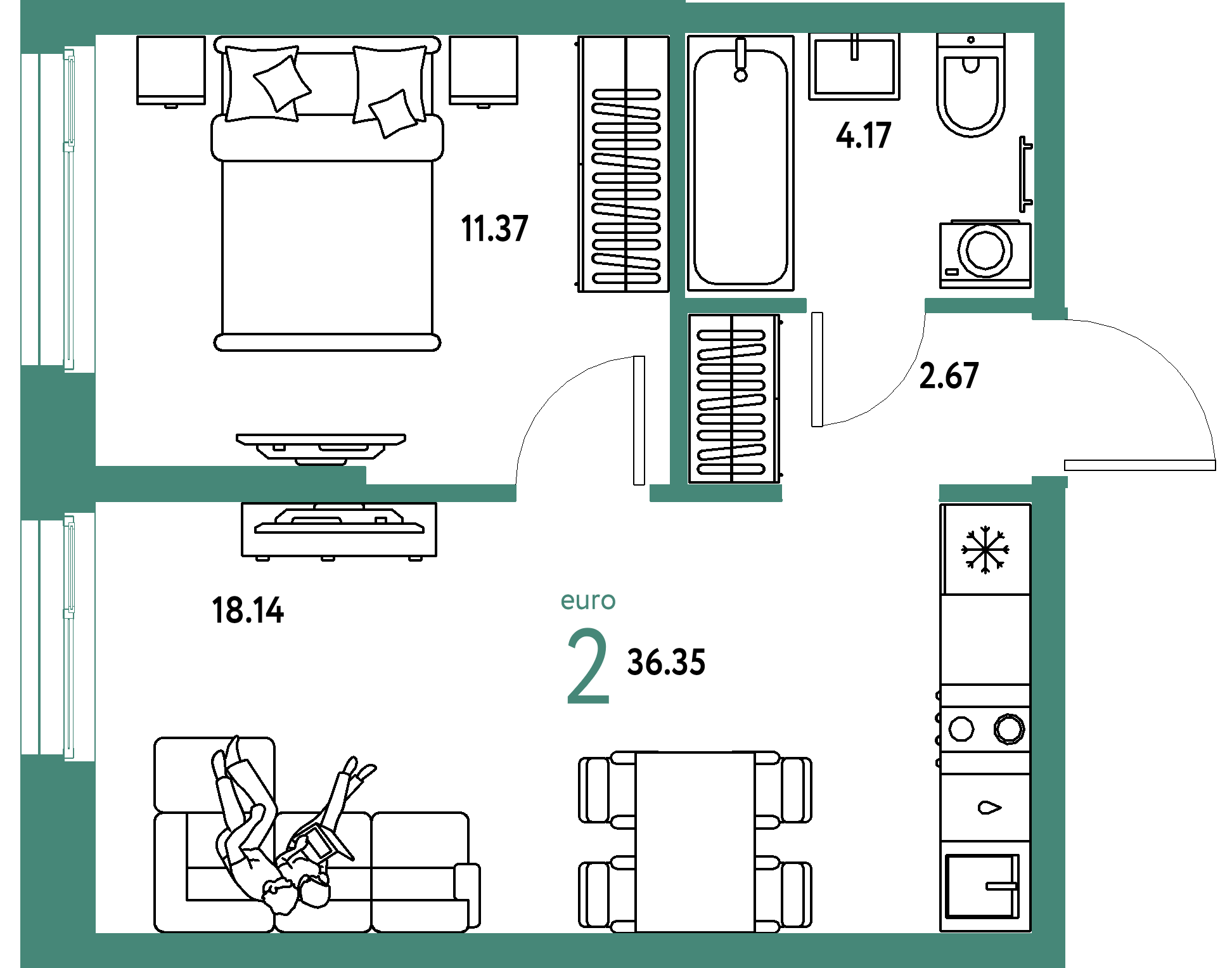 ЖК "Европейский берег 2.0"-2-комнатная 36.35 м²