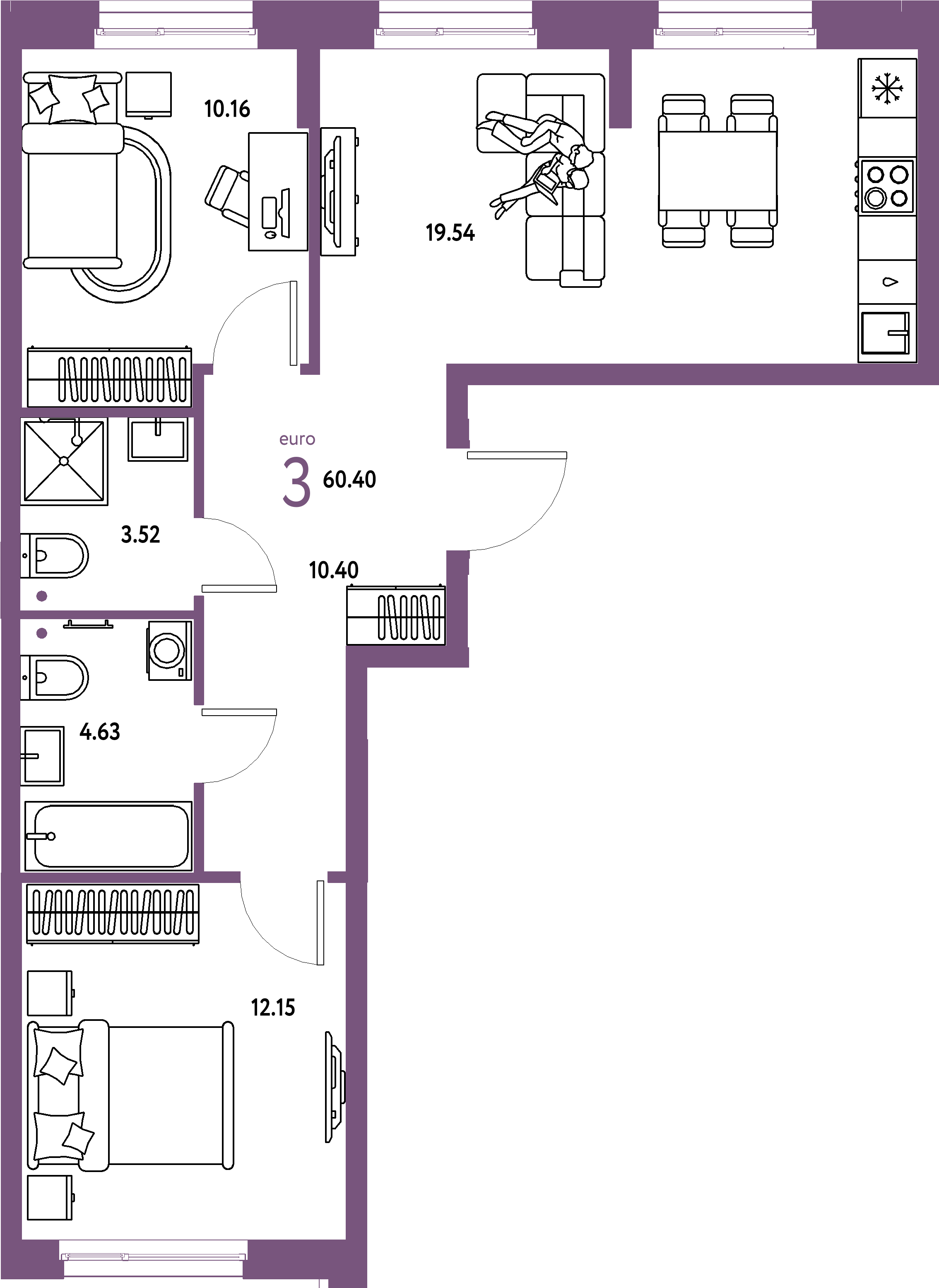 ЖК "Европейский берег 2.0"-3-комнатная 60.4 м²
