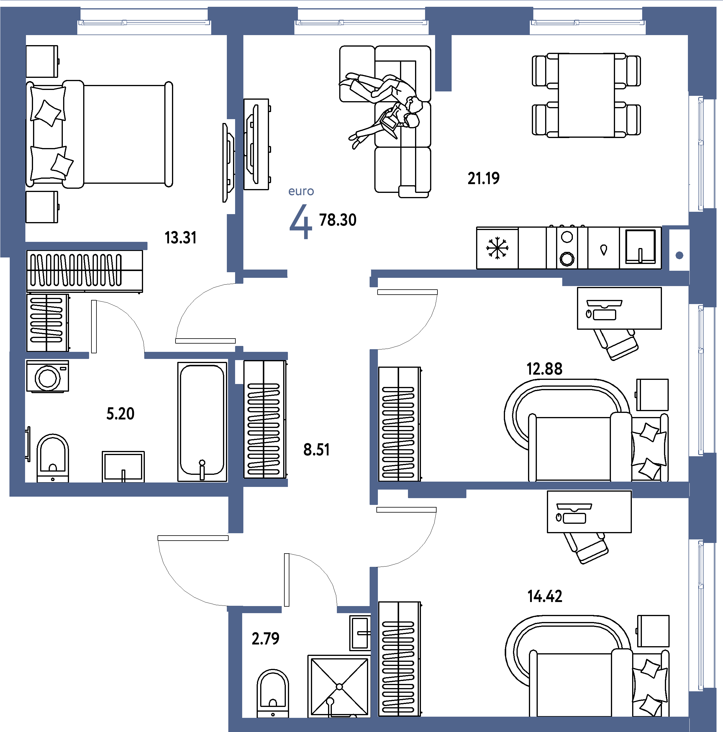 ЖК "Европейский берег 2.0"-4-комнатная 78.3 м²