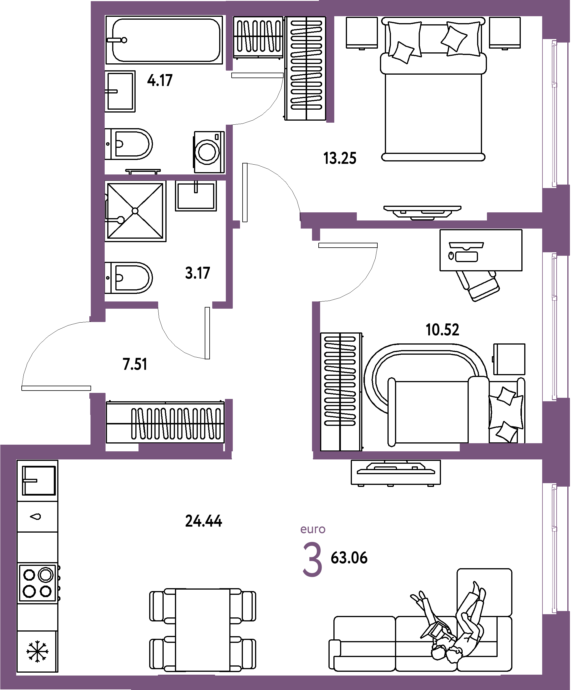 ЖК "Европейский берег 2.0"-3-комнатная 63.06 м²