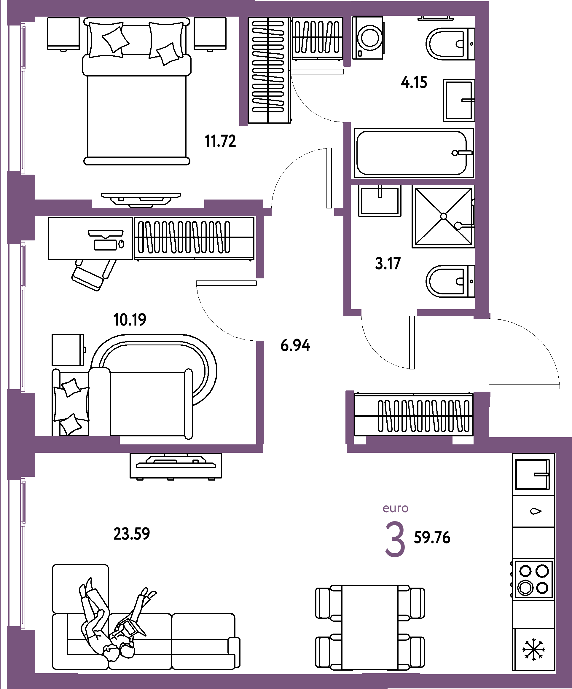 ЖК "Европейский берег 2.0"-3-комнатная 59.76 м²