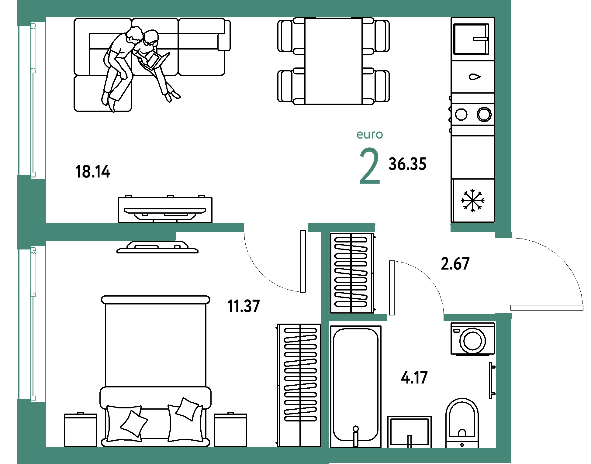 ЖК "Европейский берег 2.0"-2-комнатная 36.35 м²