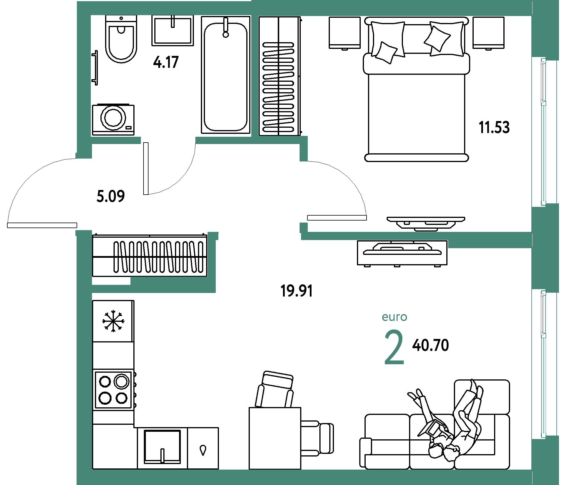 ЖК "Европейский берег 2.0"-2-комнатная 40.7 м²