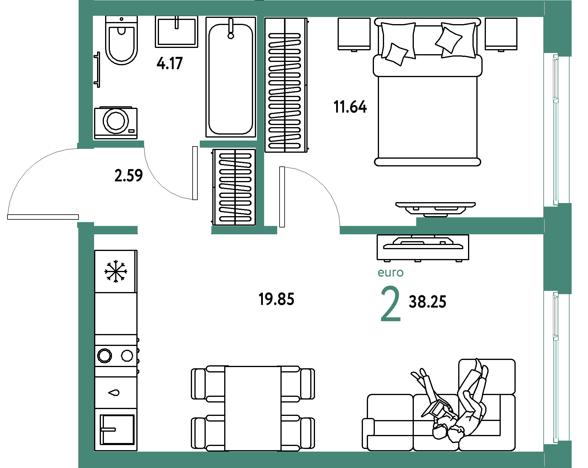 ЖК "Европейский берег 2.0"-2-комнатная 38.25 м²