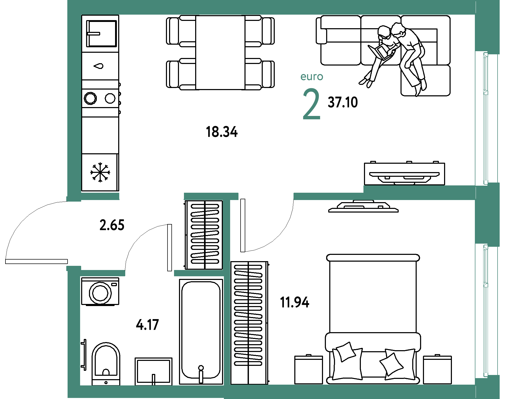 ЖК "Европейский берег 2.0"-2-комнатная 37.1 м²