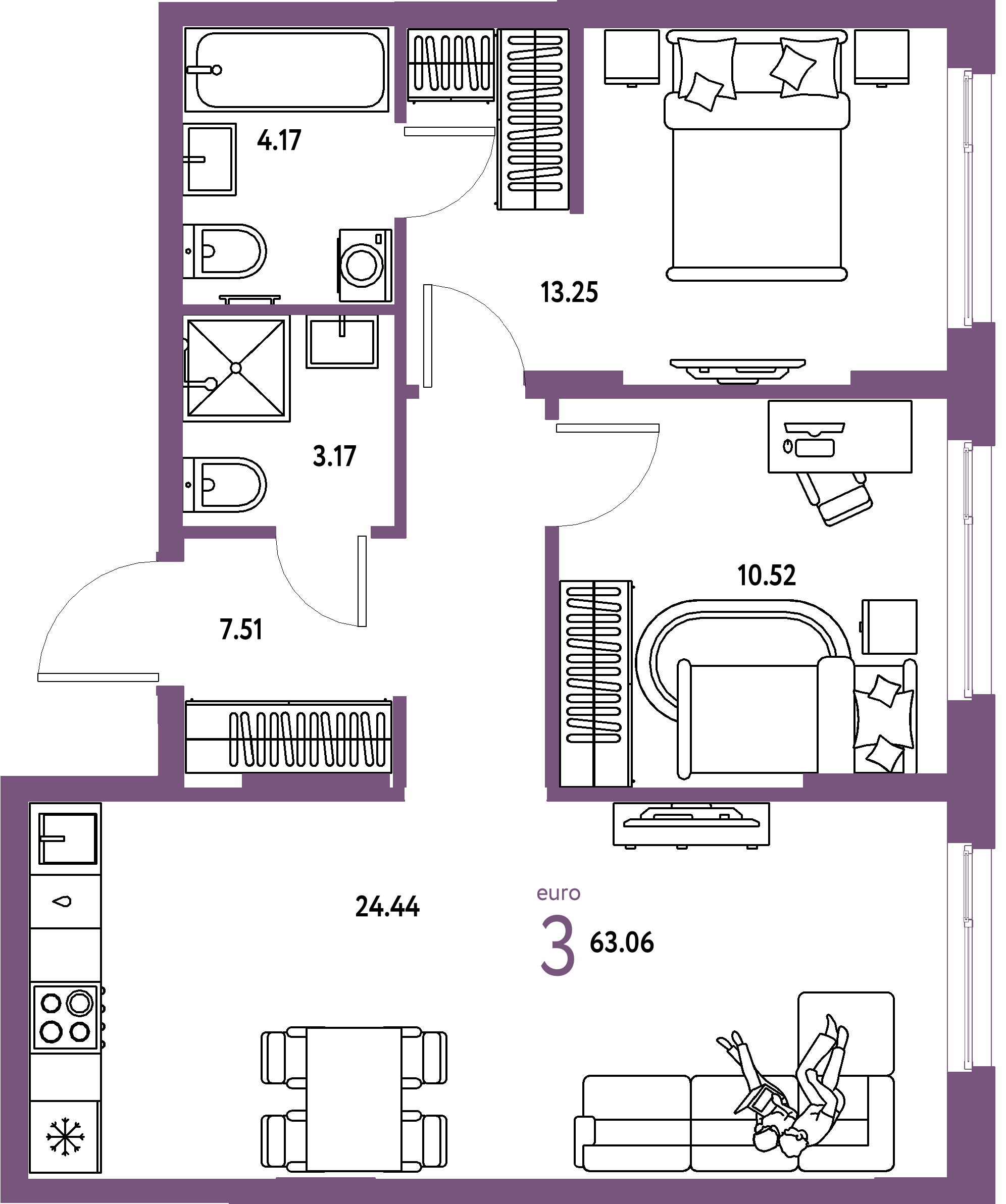ЖК "Европейский берег 2.0"-3-комнатная 63.06 м²