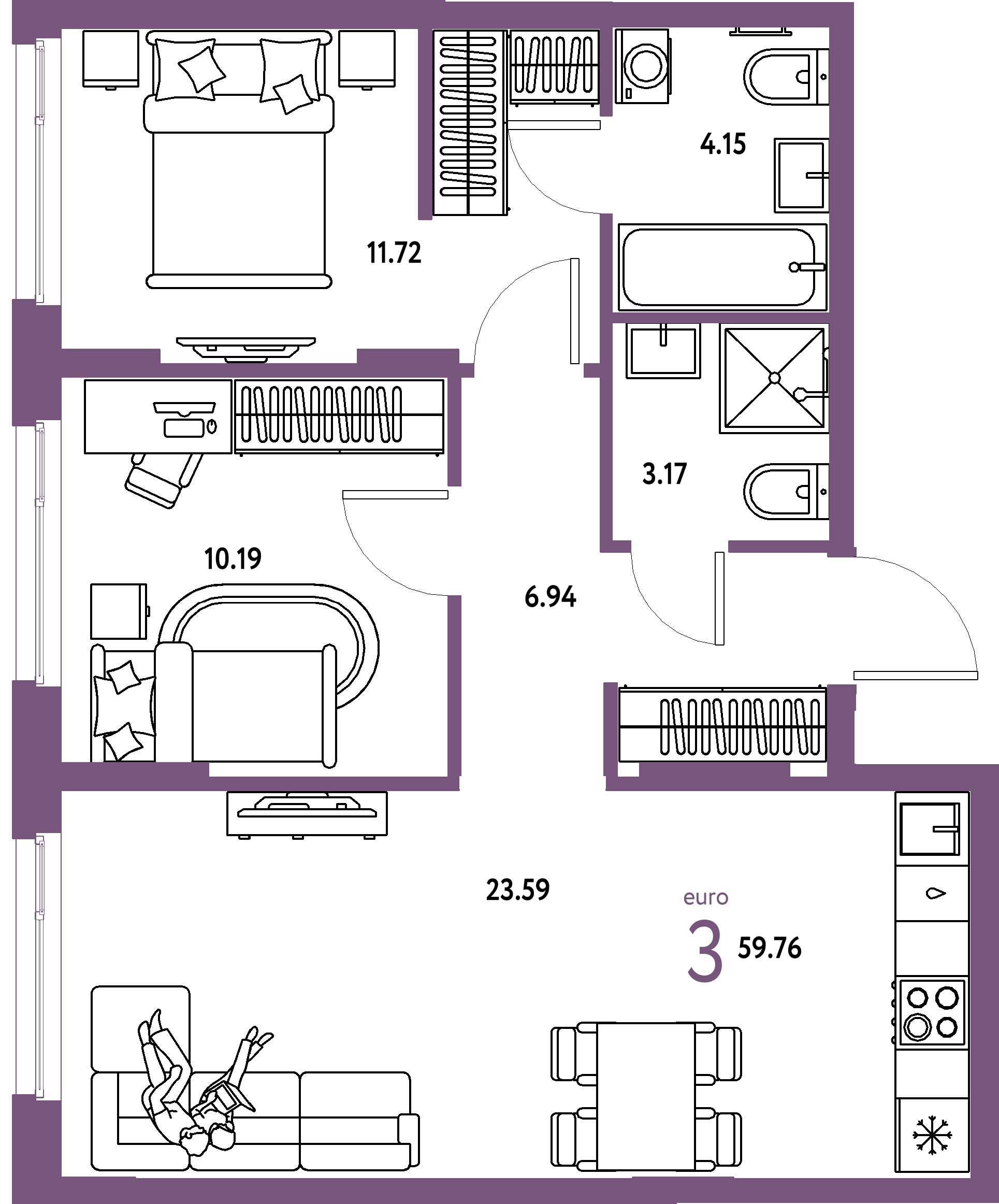 ЖК "Европейский берег 2.0"-3-комнатная 59.76 м²