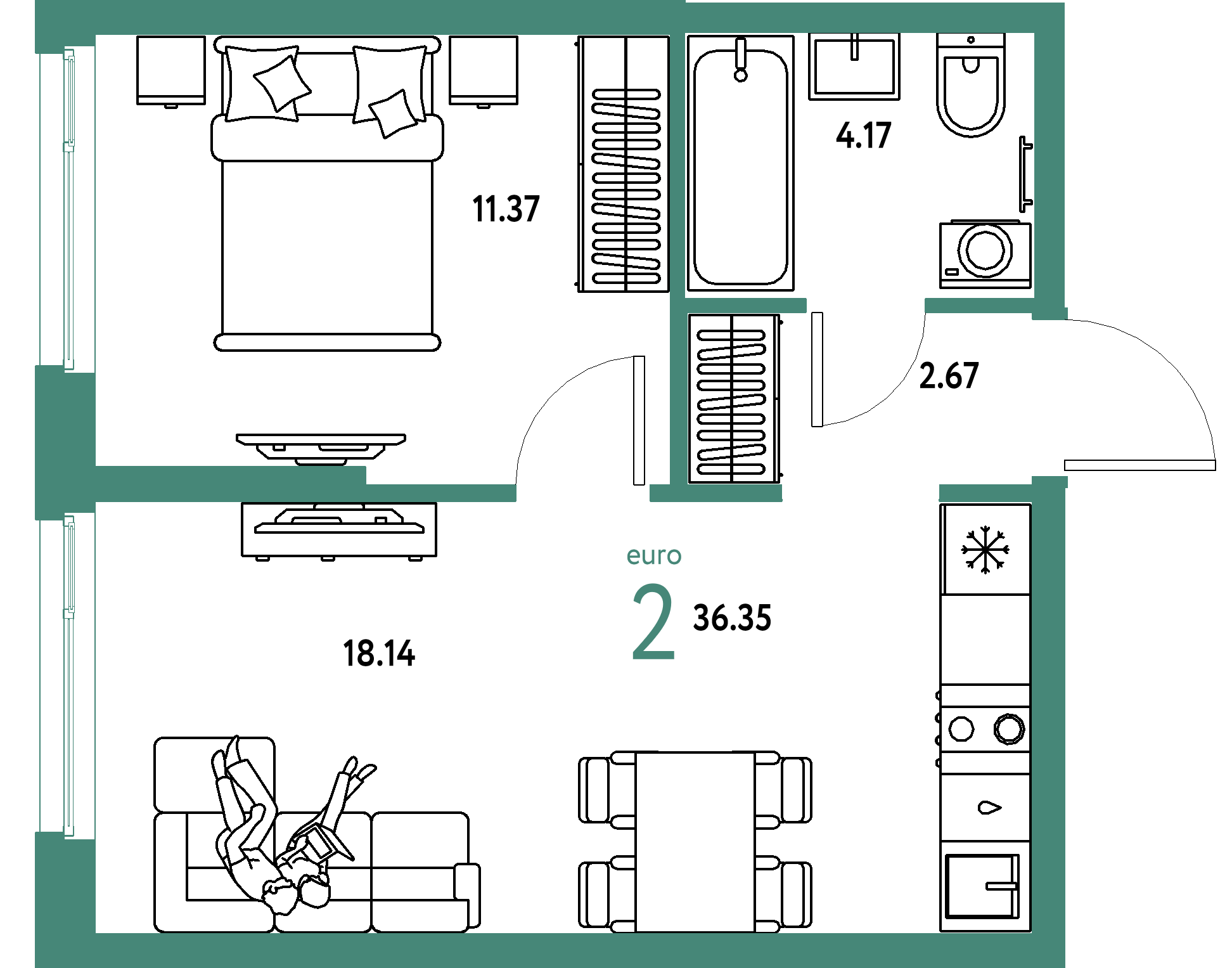 ЖК "Европейский берег 2.0"-2-комнатная 36.35 м²