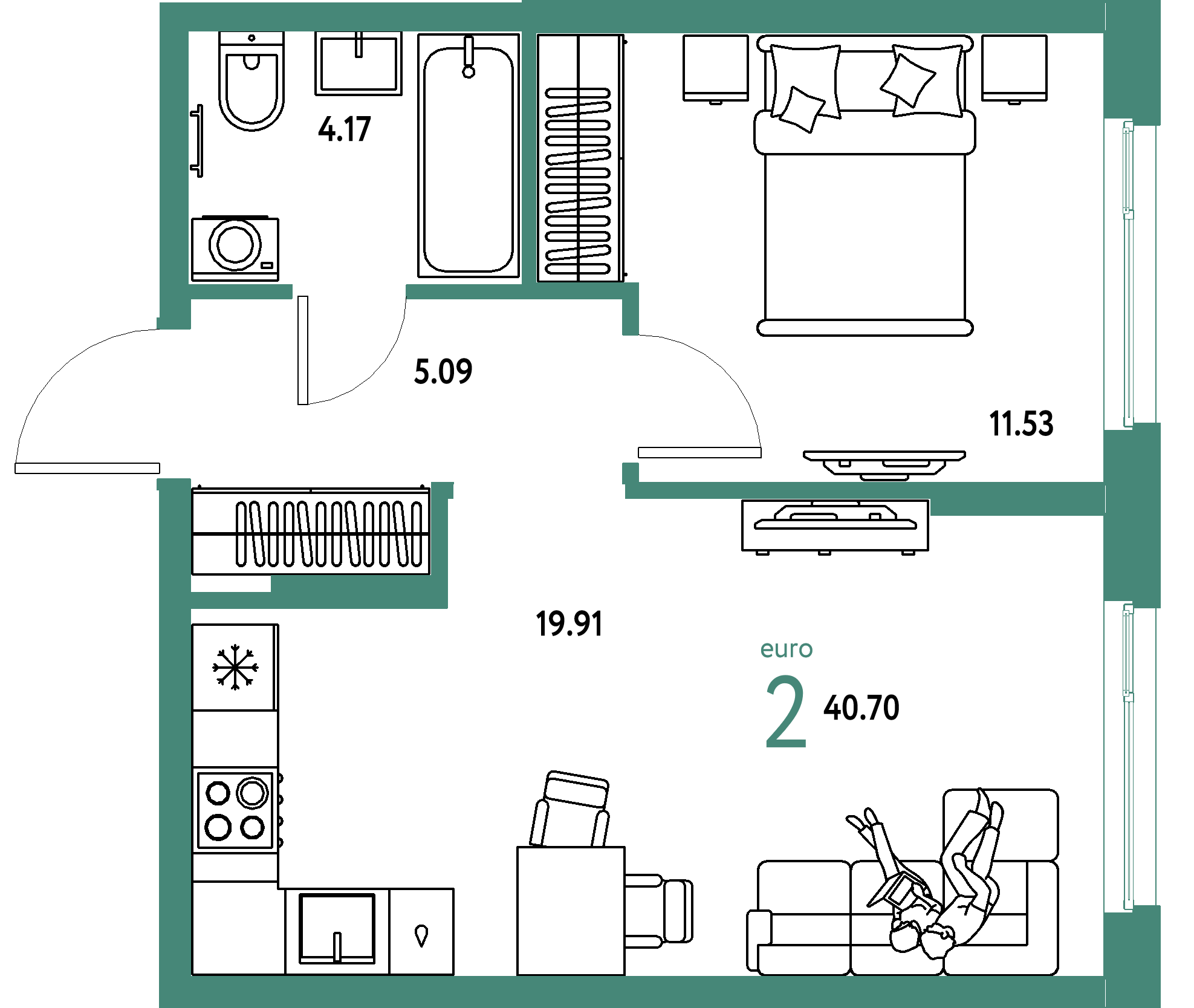 ЖК "Европейский берег 2.0"-2-комнатная 40.7 м²
