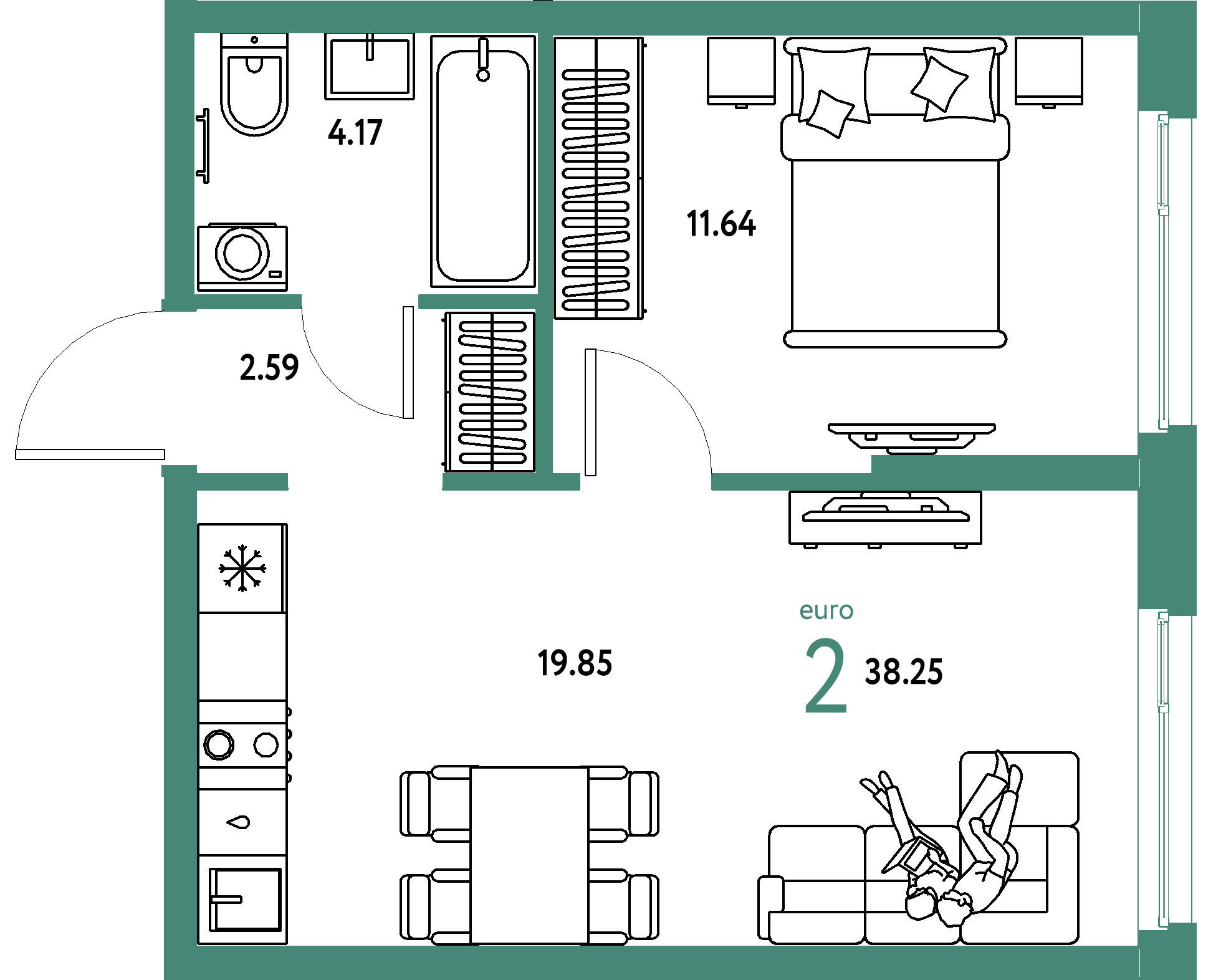ЖК "Европейский берег 2.0"-2-комнатная 38.25 м²