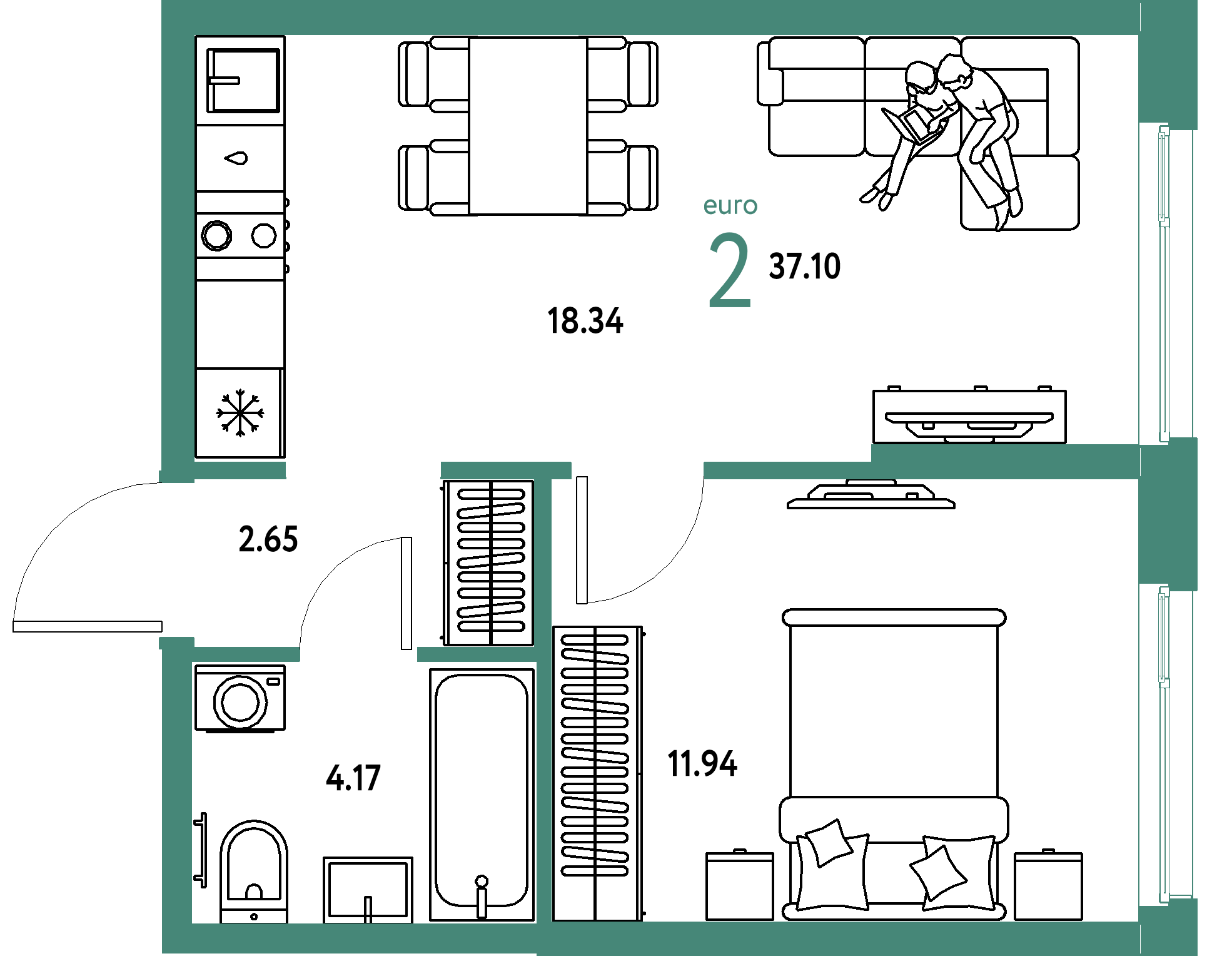 ЖК "Европейский берег 2.0"-2-комнатная 37.1 м²
