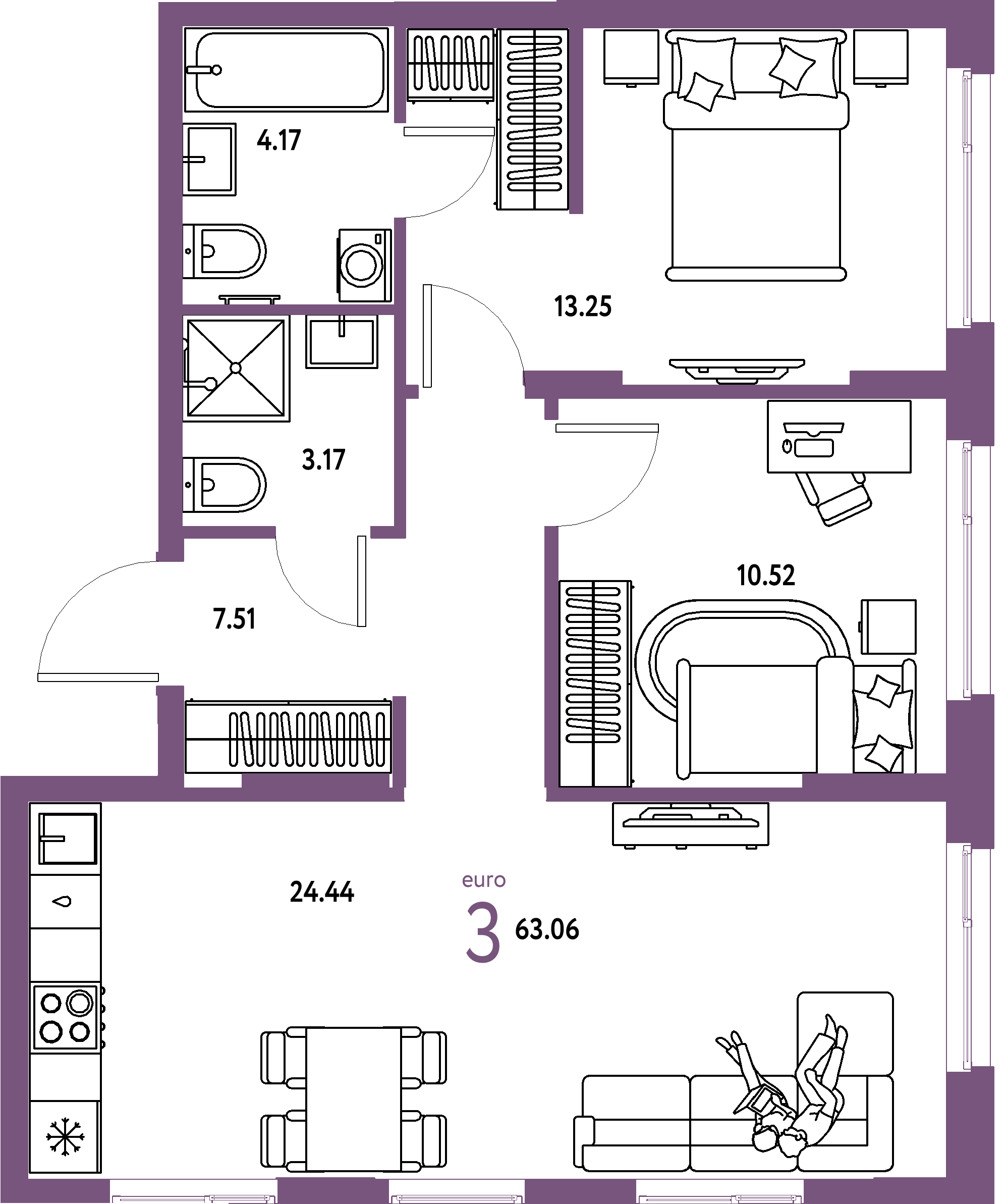 ЖК "Европейский берег 2.0"-3-комнатная 63.06 м²