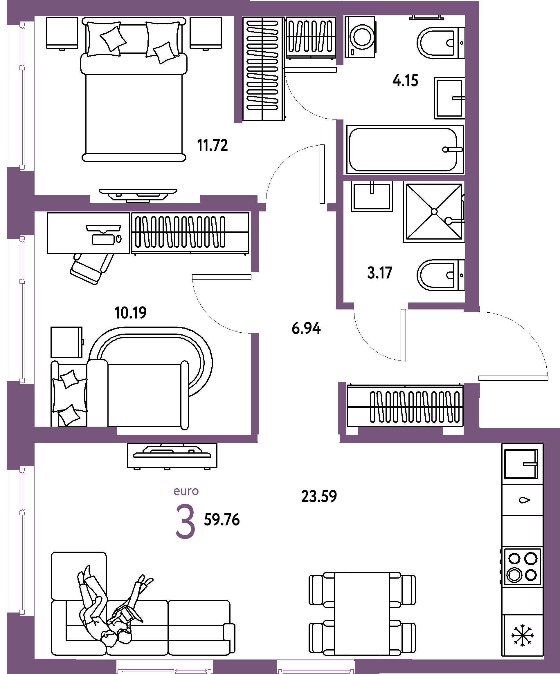 ЖК "Европейский берег 2.0"-3-комнатная 59.76 м²