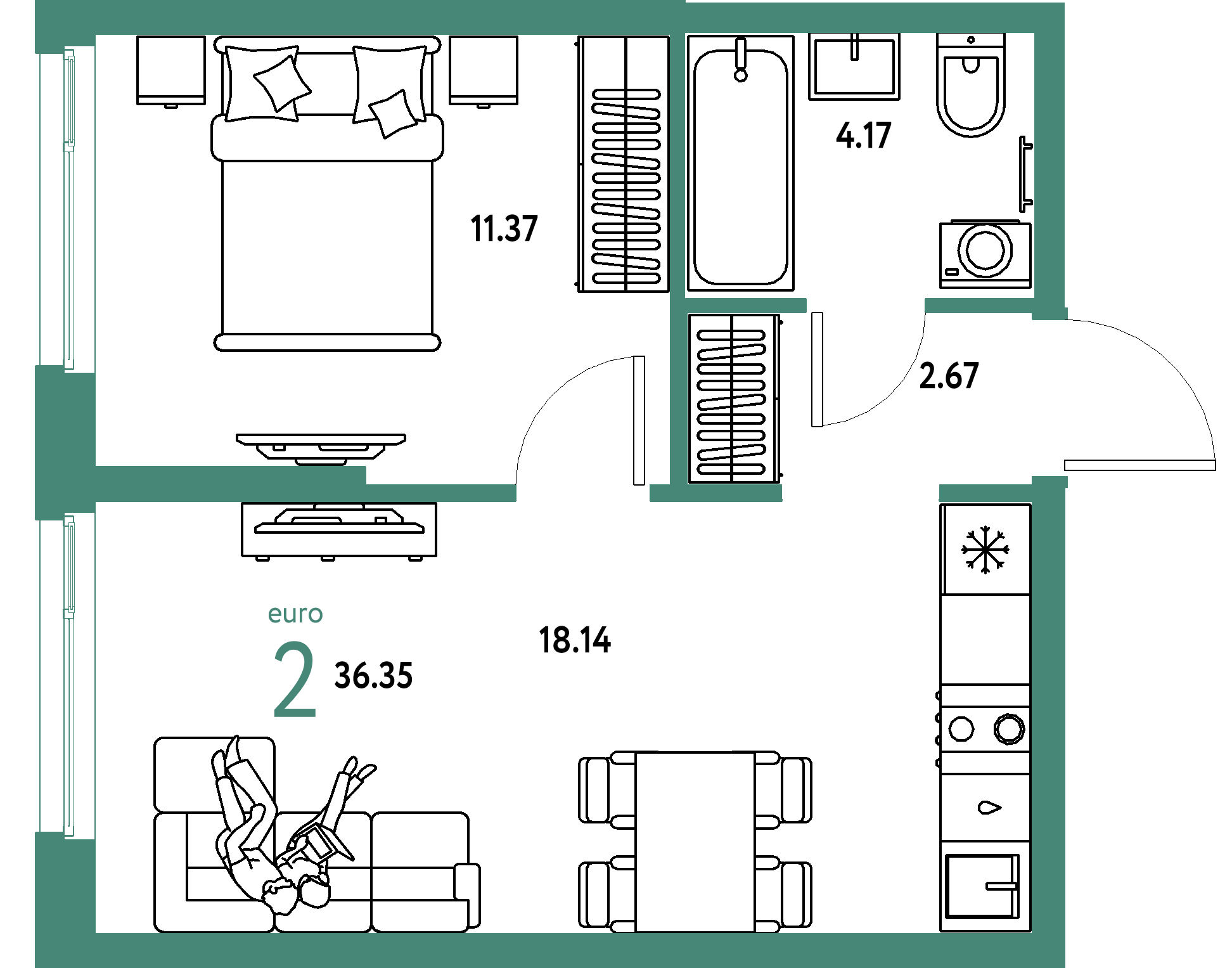 ЖК "Европейский берег 2.0"-2-комнатная 36.35 м²