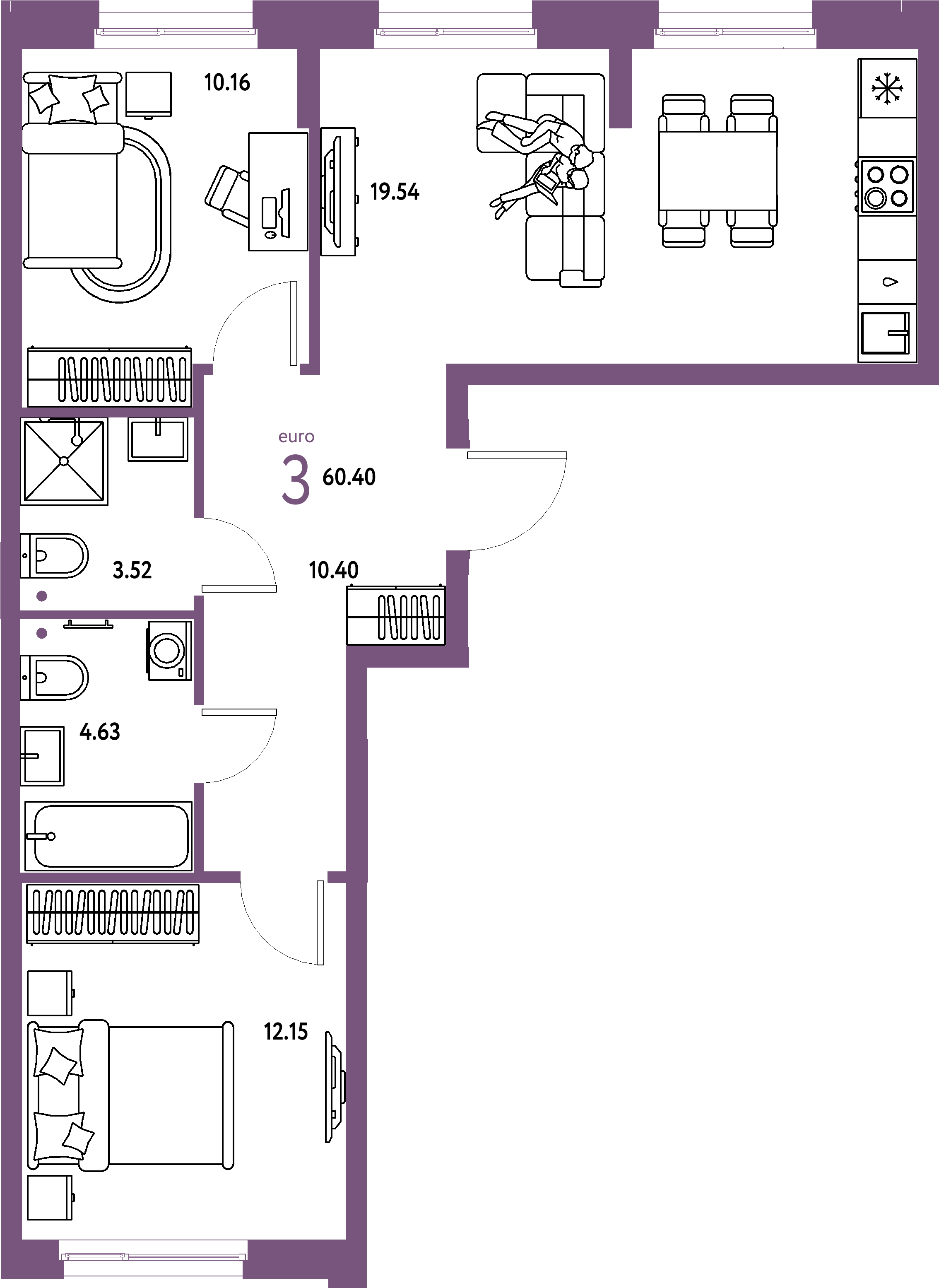 ЖК "Европейский берег 2.0"-3-комнатная 60.4 м²