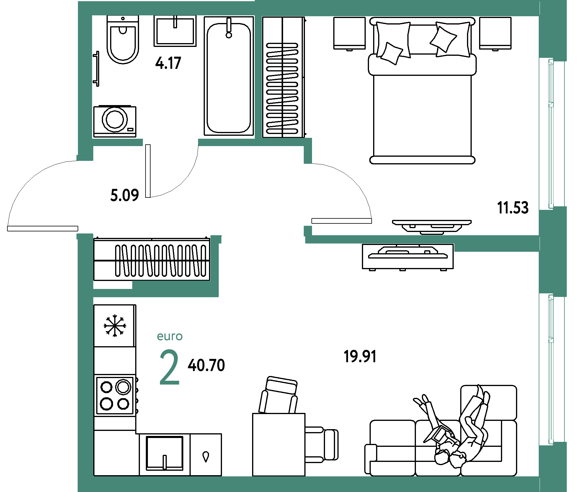 ЖК "Европейский берег 2.0"-2-комнатная 40.7 м²