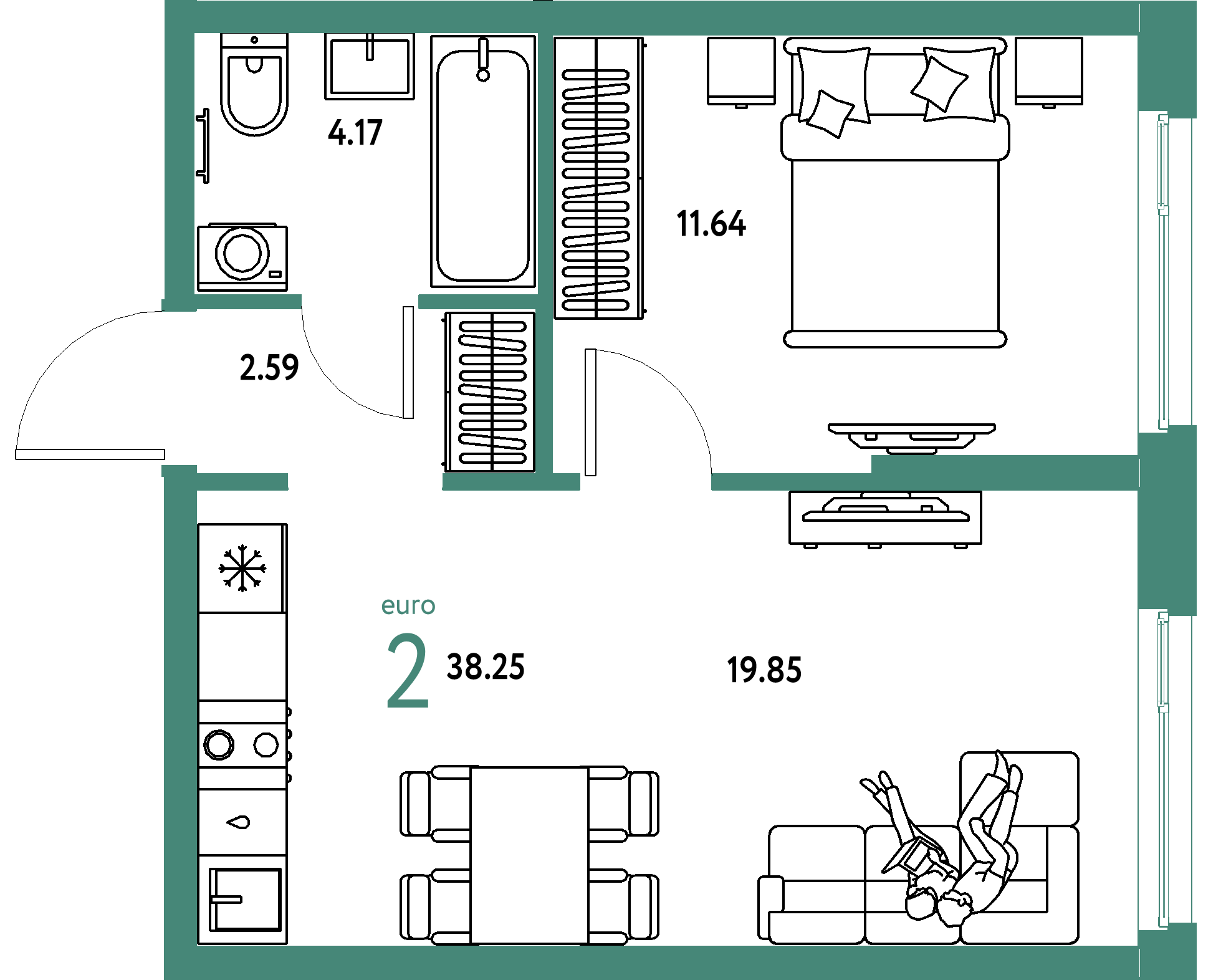 ЖК "Европейский берег 2.0"-2-комнатная 38.25 м²