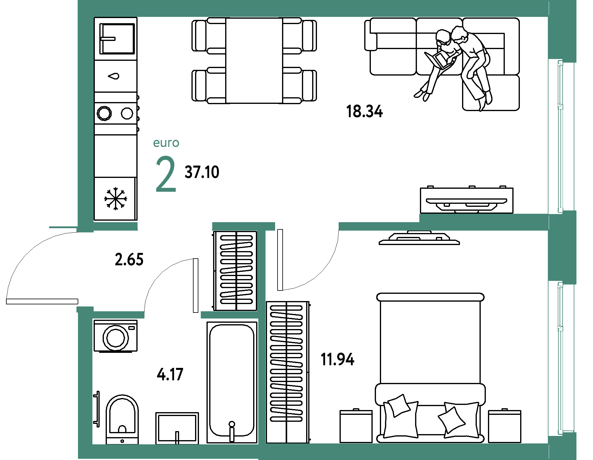 ЖК "Европейский берег 2.0"-2-комнатная 37.1 м²