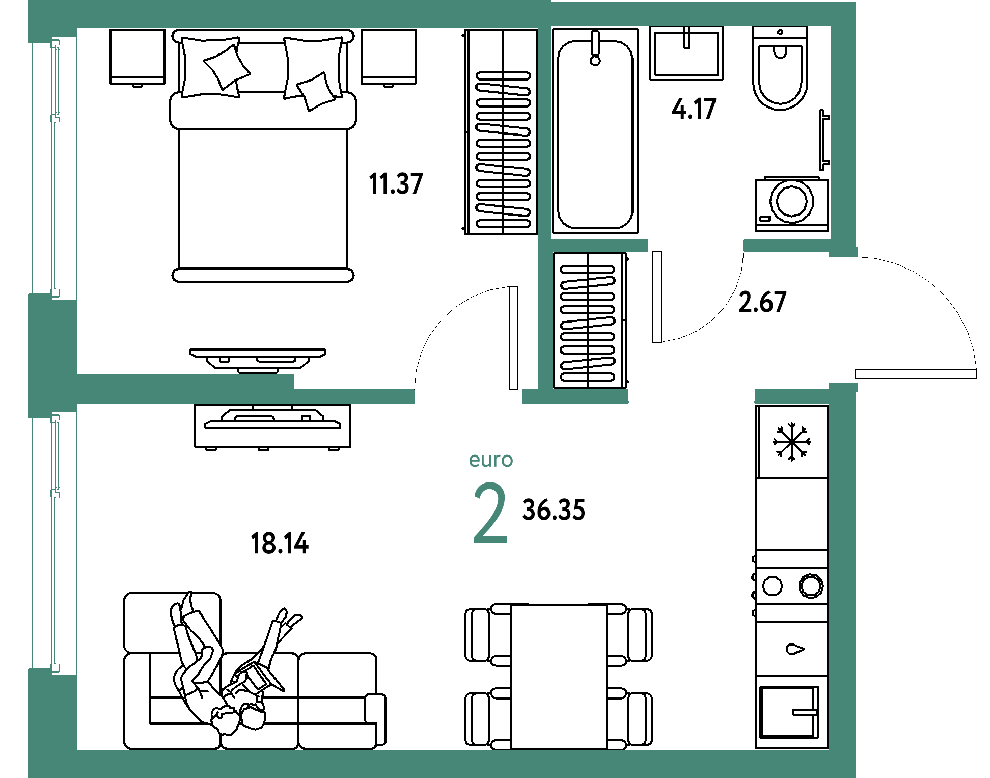 ЖК "Европейский берег 2.0"-2-комнатная 36.35 м²