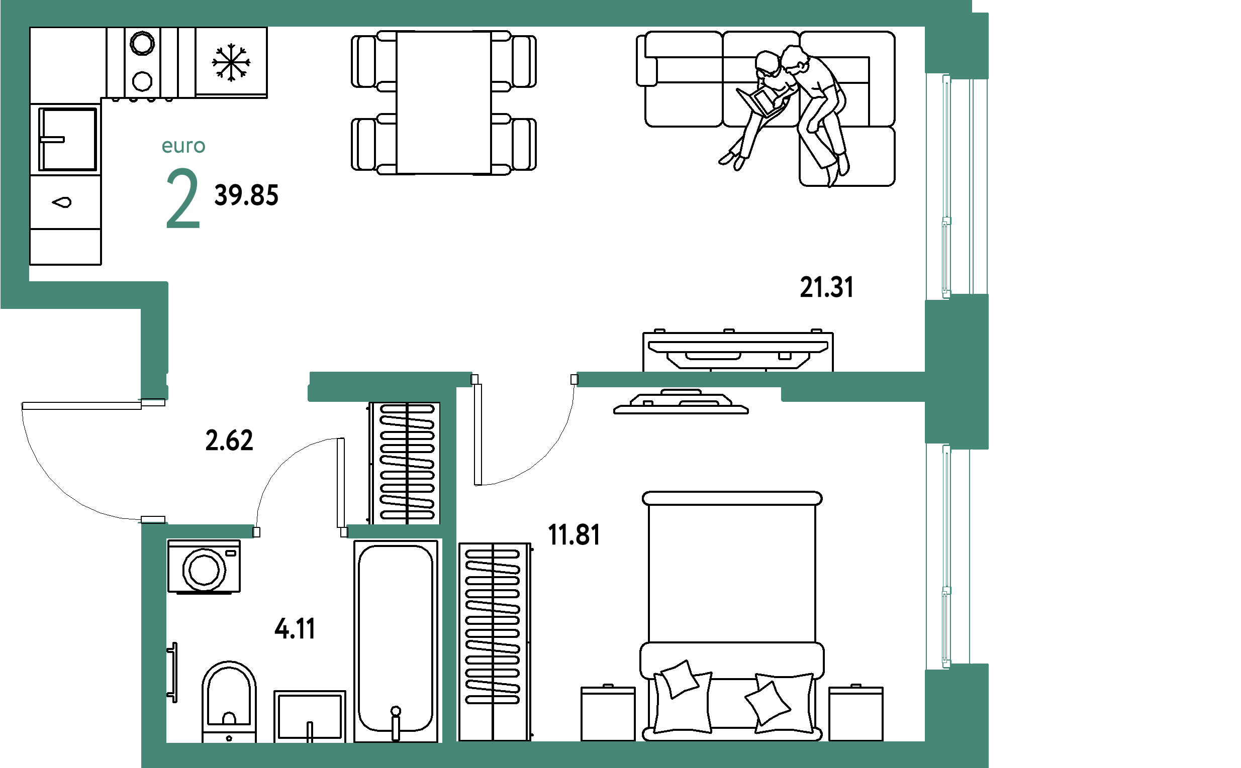 ЖК "Европейский берег 2.0"-2-комнатная 39.85 м²