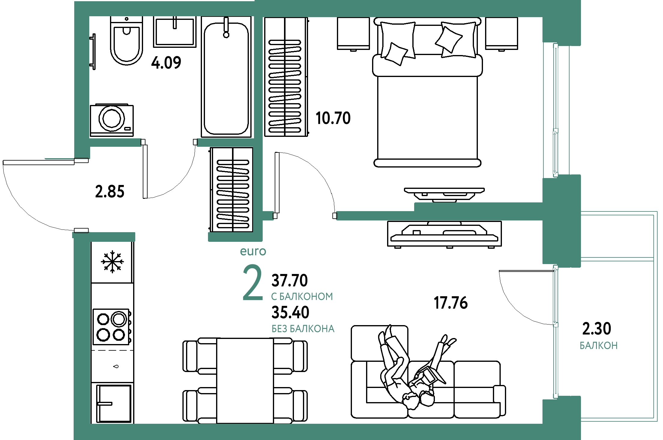 ЖК "Европейский берег 2.0"-2-комнатная 37.7 м²