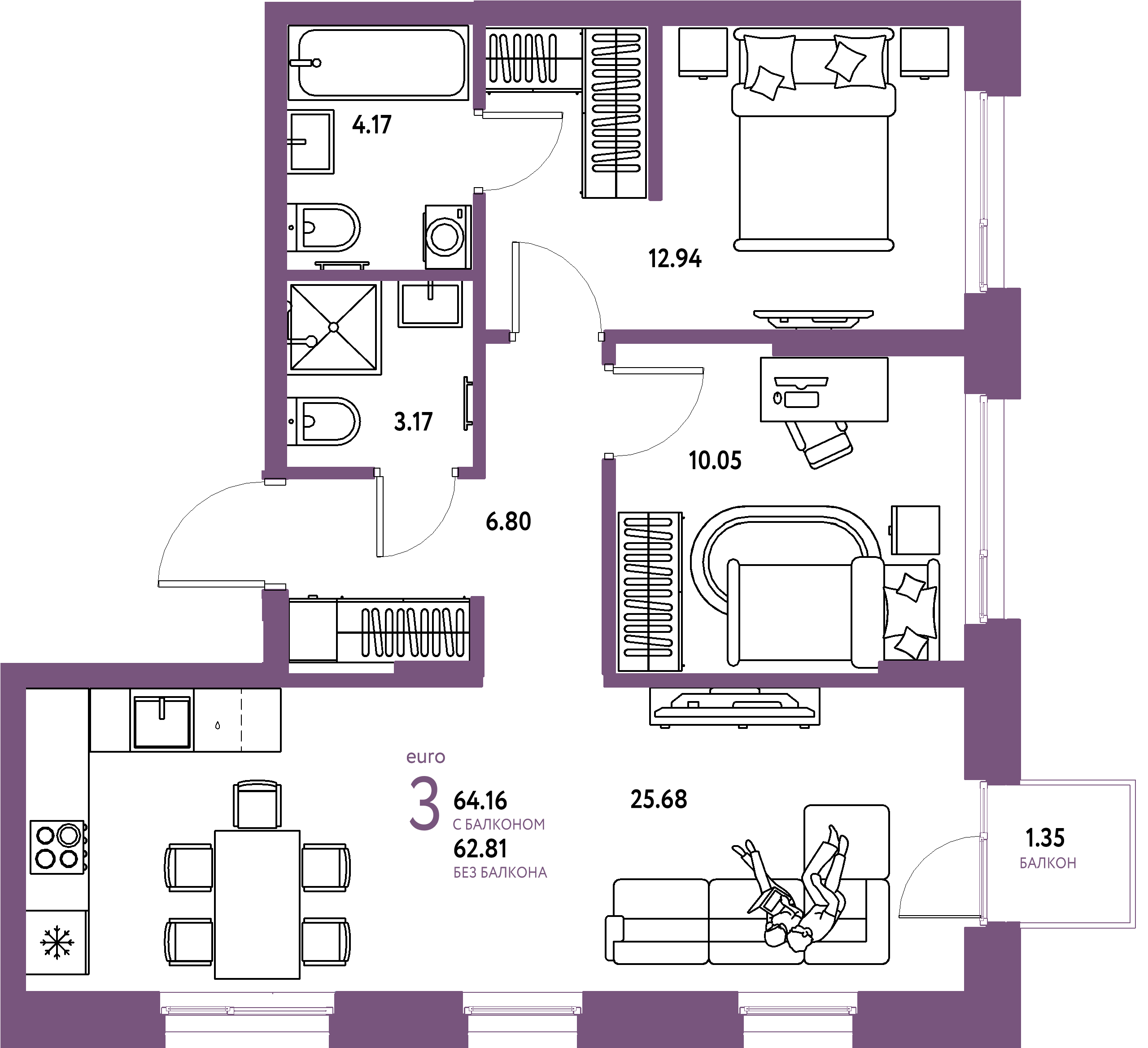 ЖК "Европейский берег 2.0"-3-комнатная 64.16 м²