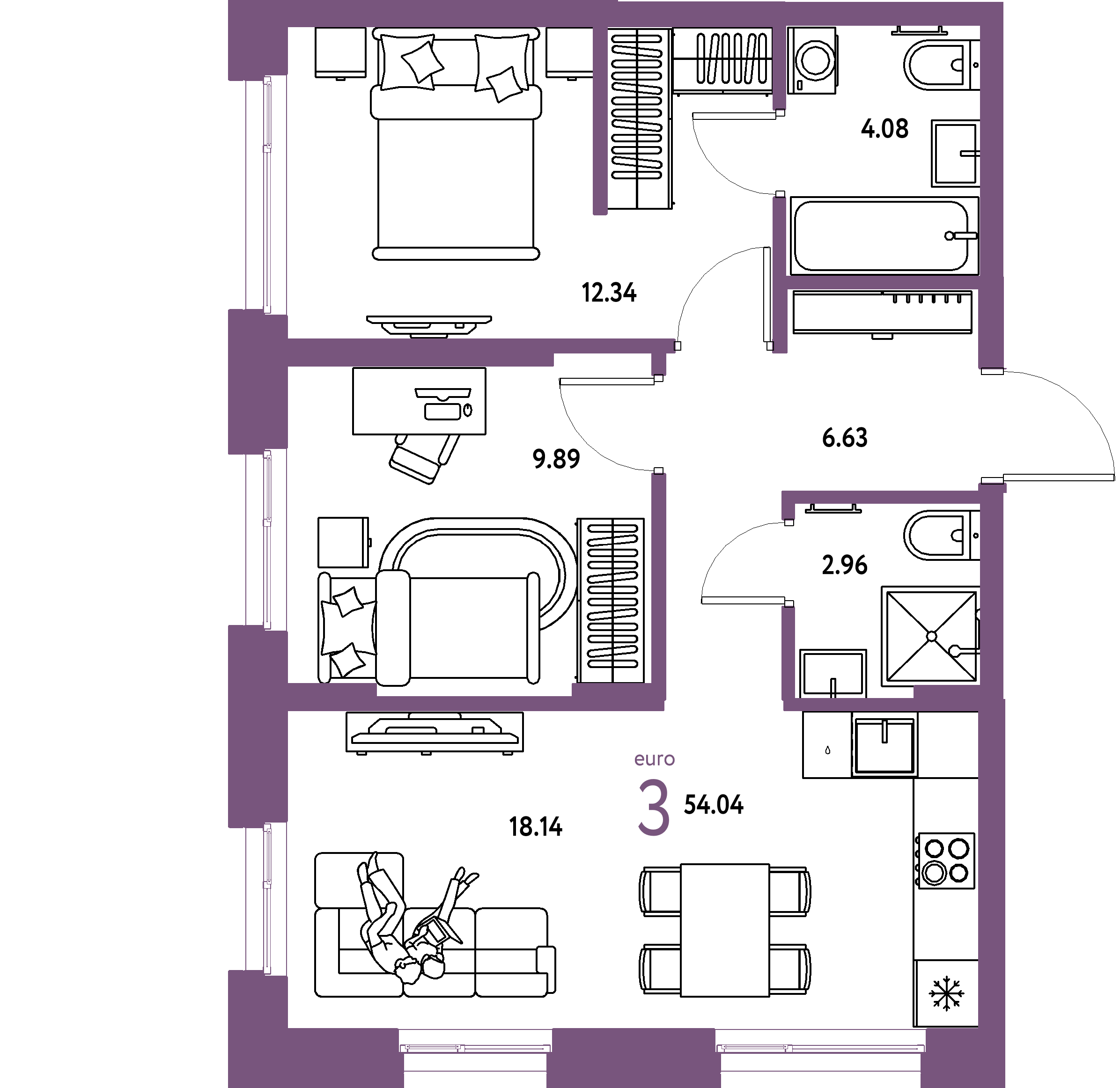 ЖК "Европейский берег 2.0"-3-комнатная 54.04 м²