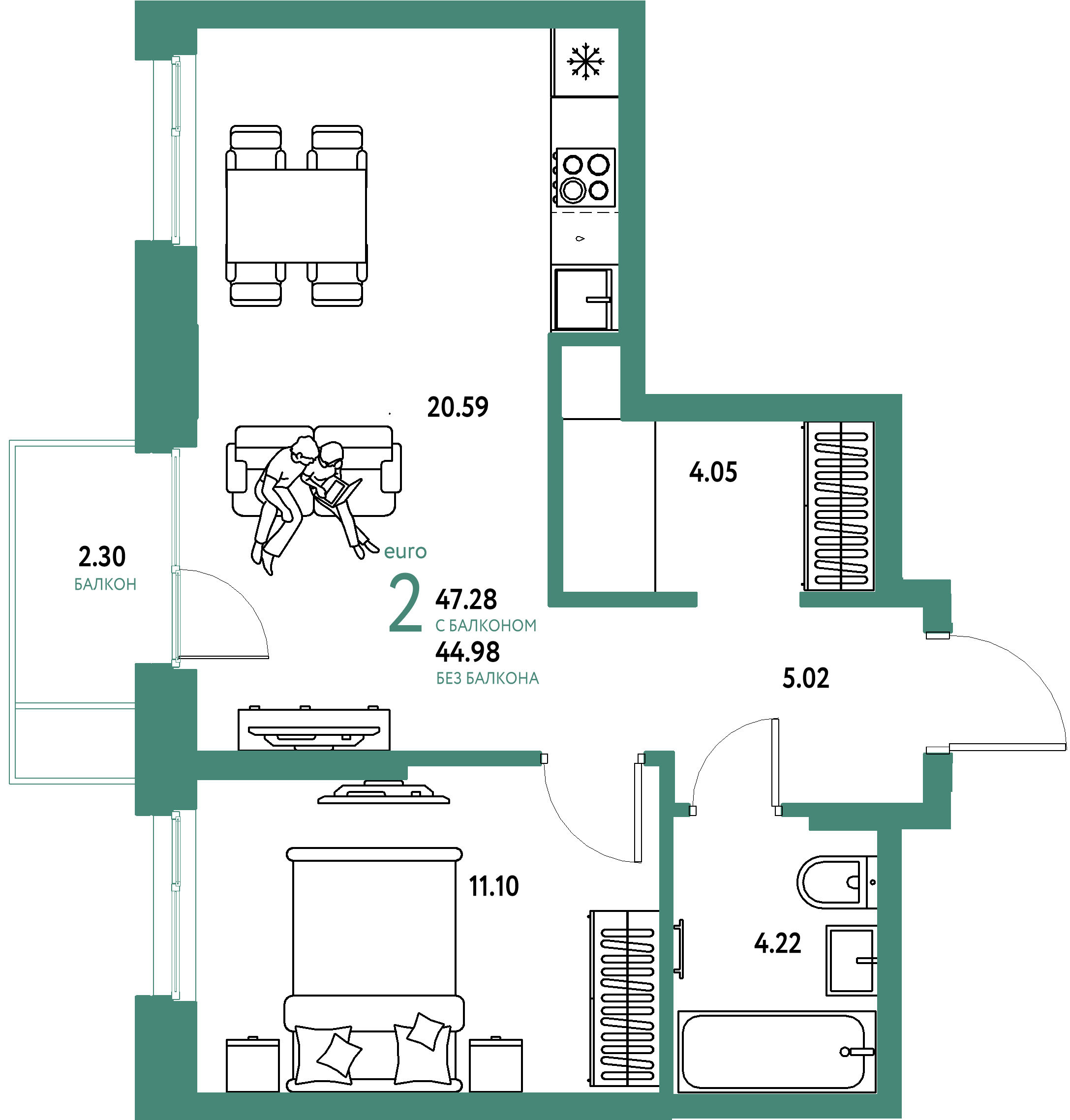 ЖК "Европейский берег 2.0"-2-комнатная 47.28 м²