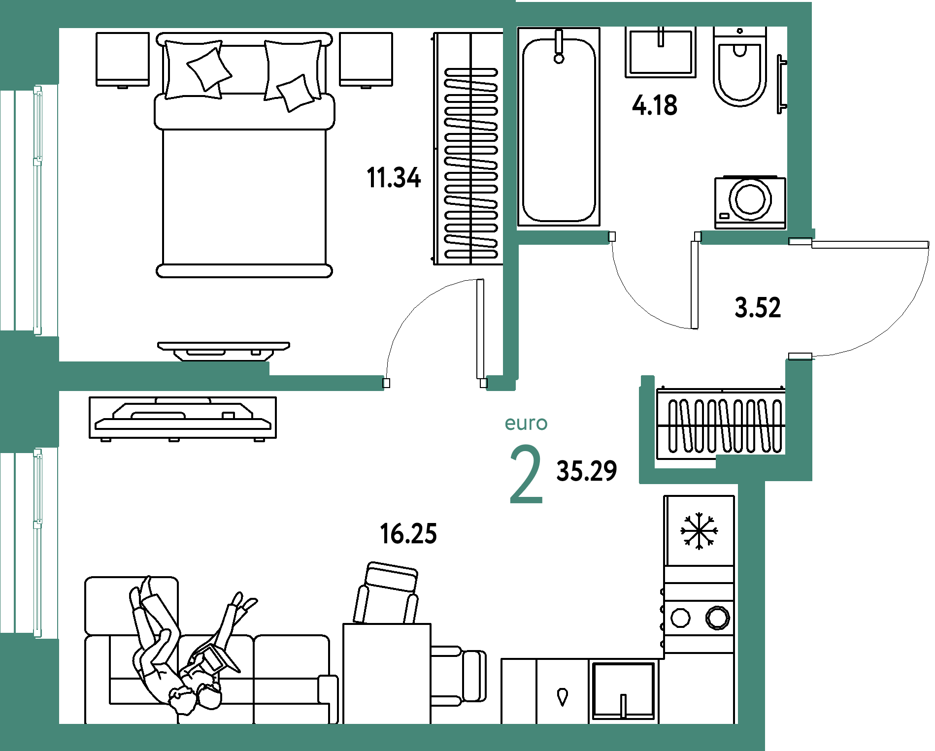 ЖК "Европейский берег 2.0"-2-комнатная 35.29 м²