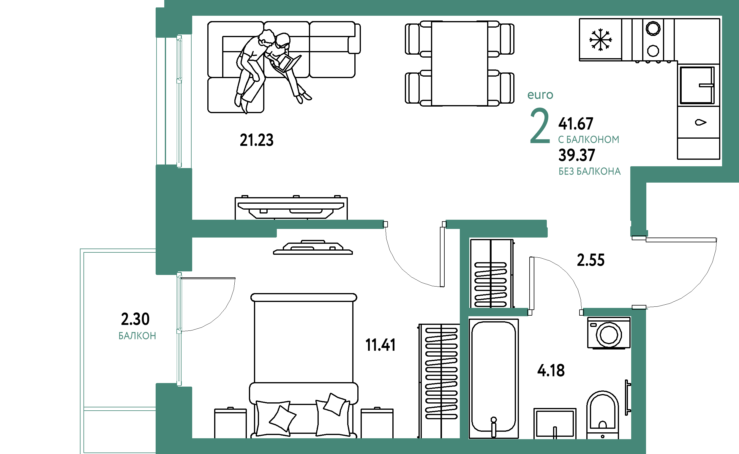 ЖК "Европейский берег 2.0"-2-комнатная 41.67 м²