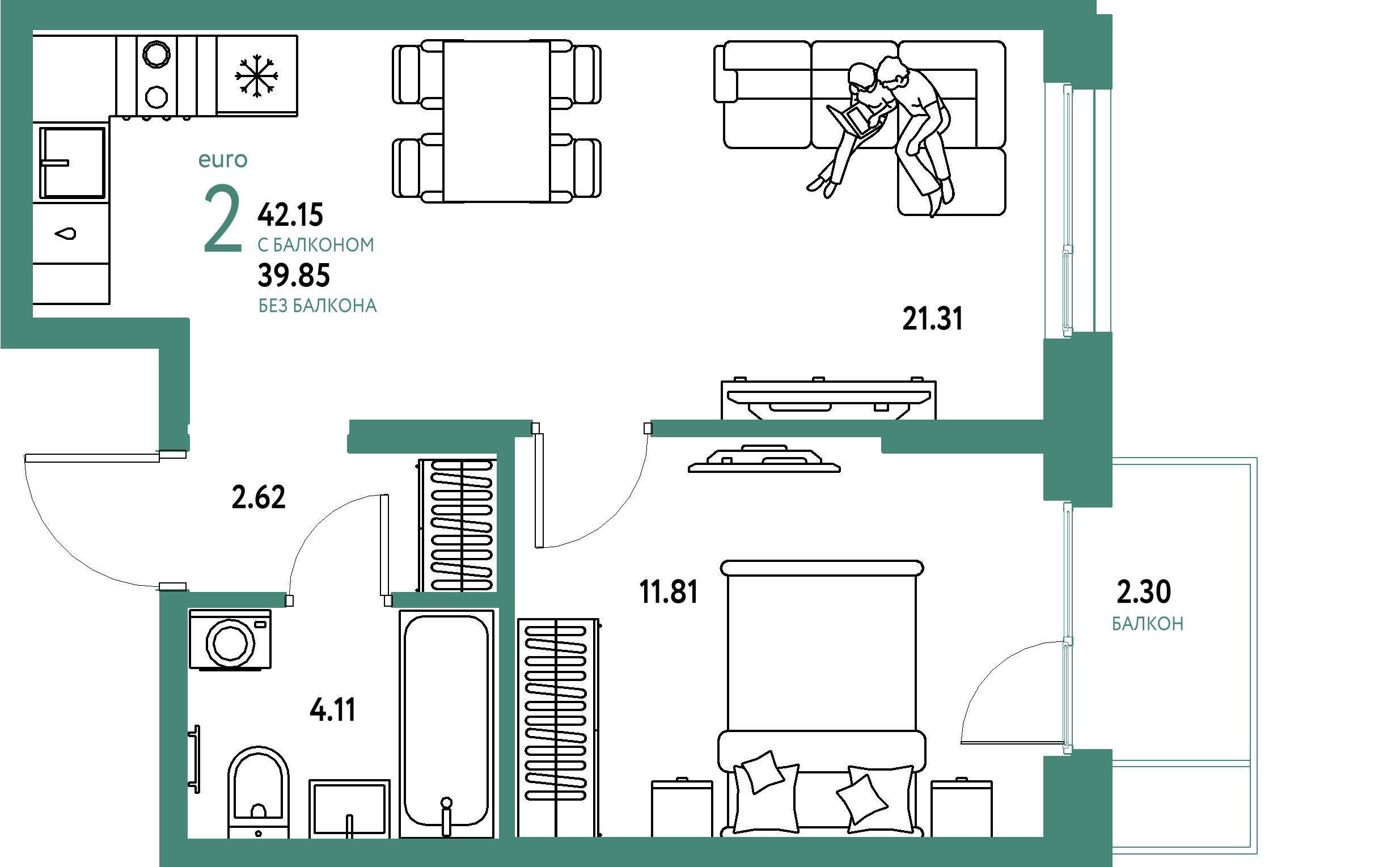ЖК "Европейский берег 2.0"-2-комнатная 42.15 м²