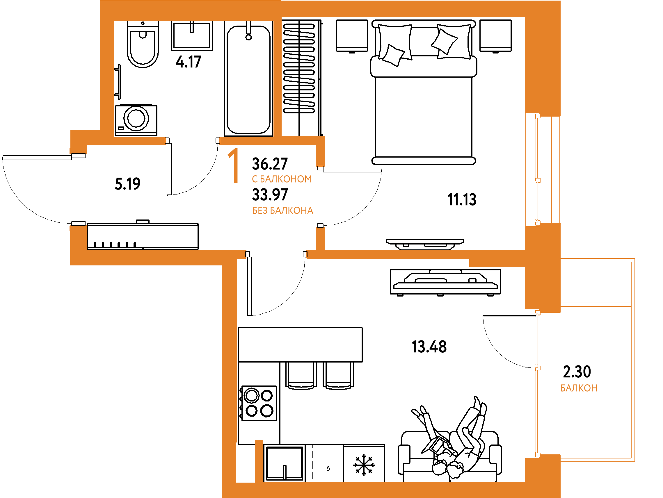 ЖК "Европейский берег 2.0"-1-комнатная 36.27 м²