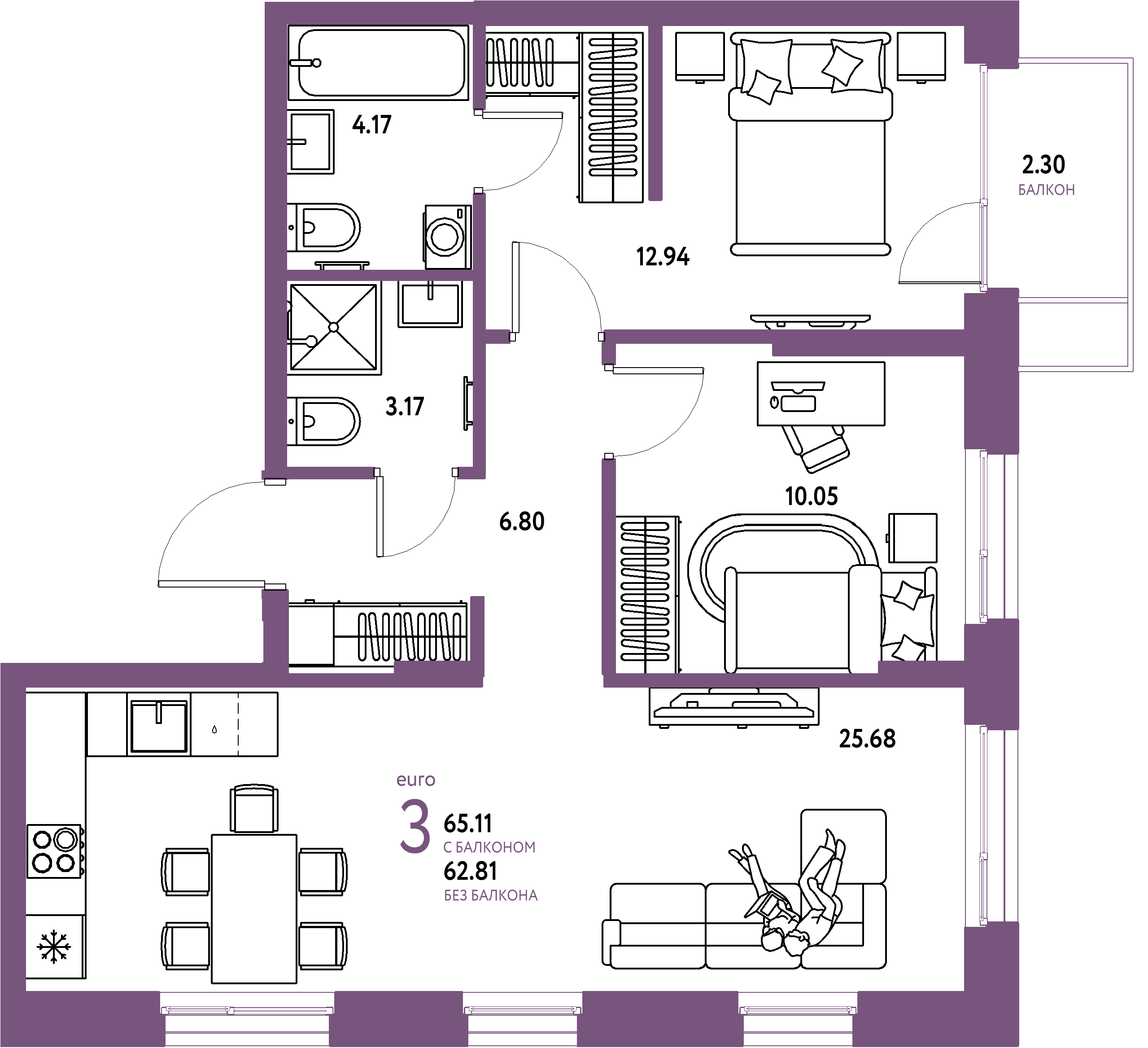 ЖК "Европейский берег 2.0"-3-комнатная 65.11 м²