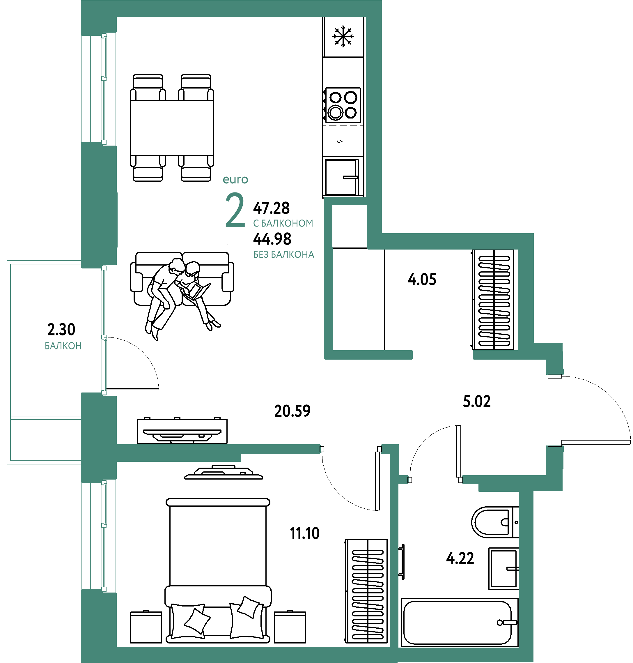 ЖК "Европейский берег 2.0"-2-комнатная 47.28 м²