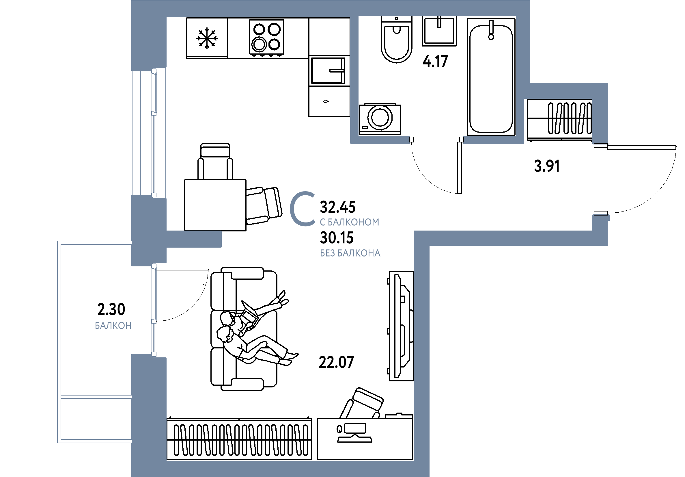 ЖК "Европейский берег 2.0"-Студия 32.45 м²