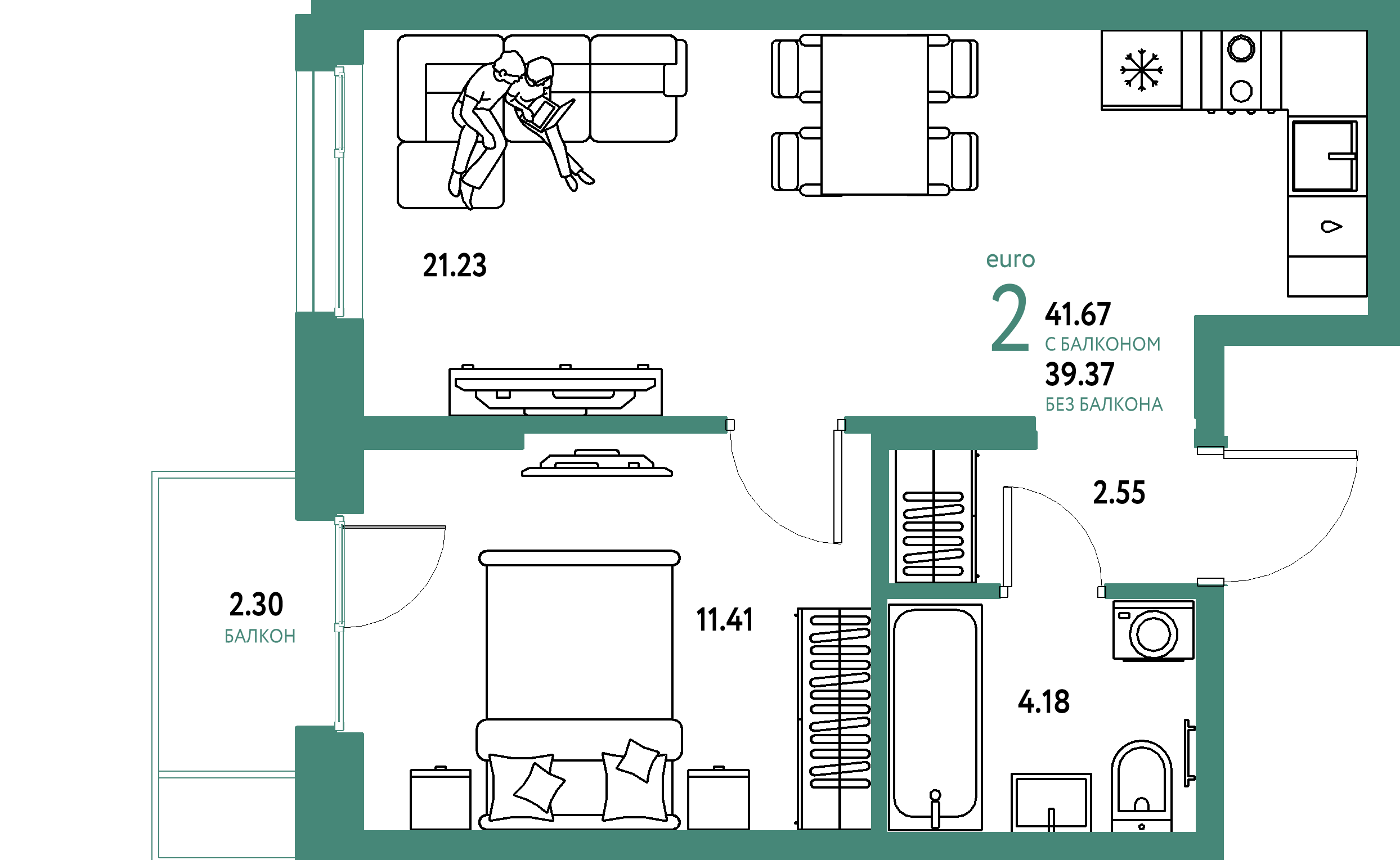 ЖК "Европейский берег 2.0"-2-комнатная 41.67 м²