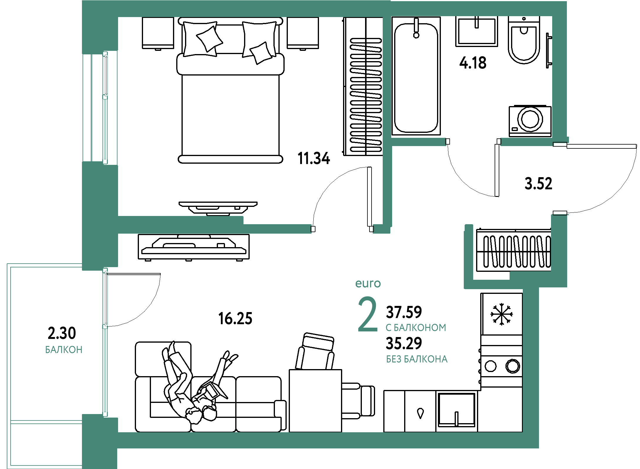 ЖК "Европейский берег 2.0"-2-комнатная 37.59 м²
