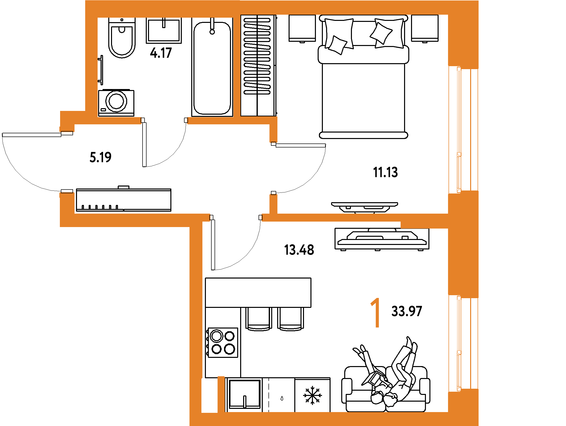 ЖК "Европейский берег 2.0"-1-комнатная 33.97 м²