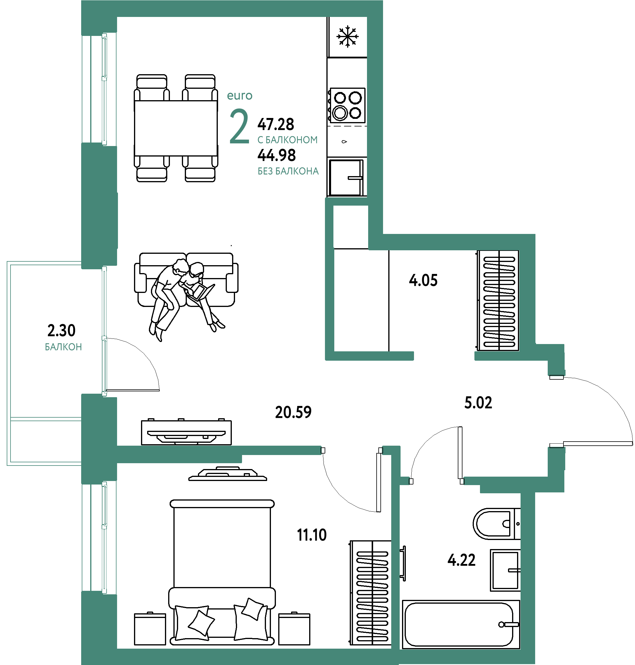 ЖК "Европейский берег 2.0"-2-комнатная 47.28 м²