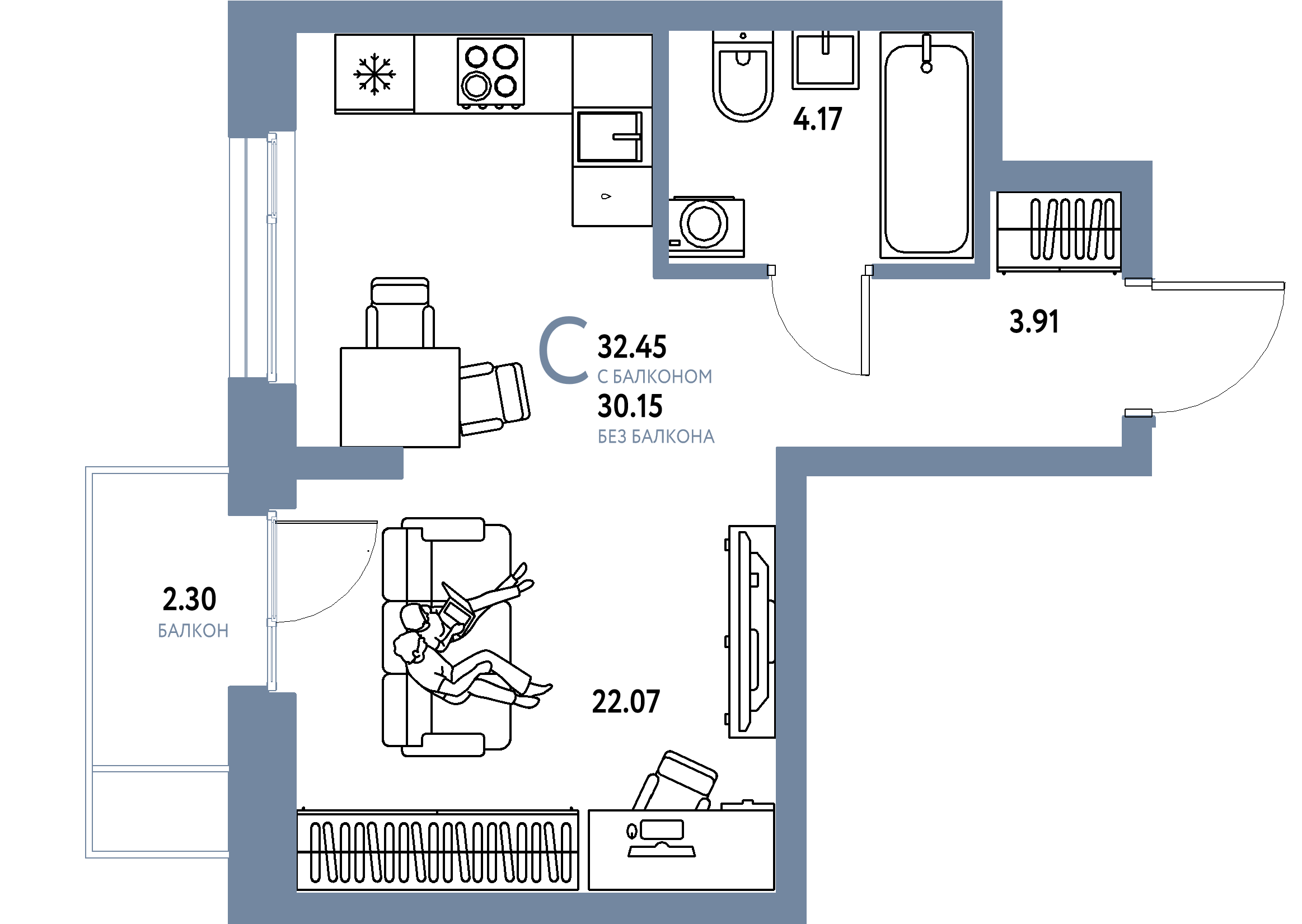 ЖК "Европейский берег 2.0"-Студия 32.45 м²